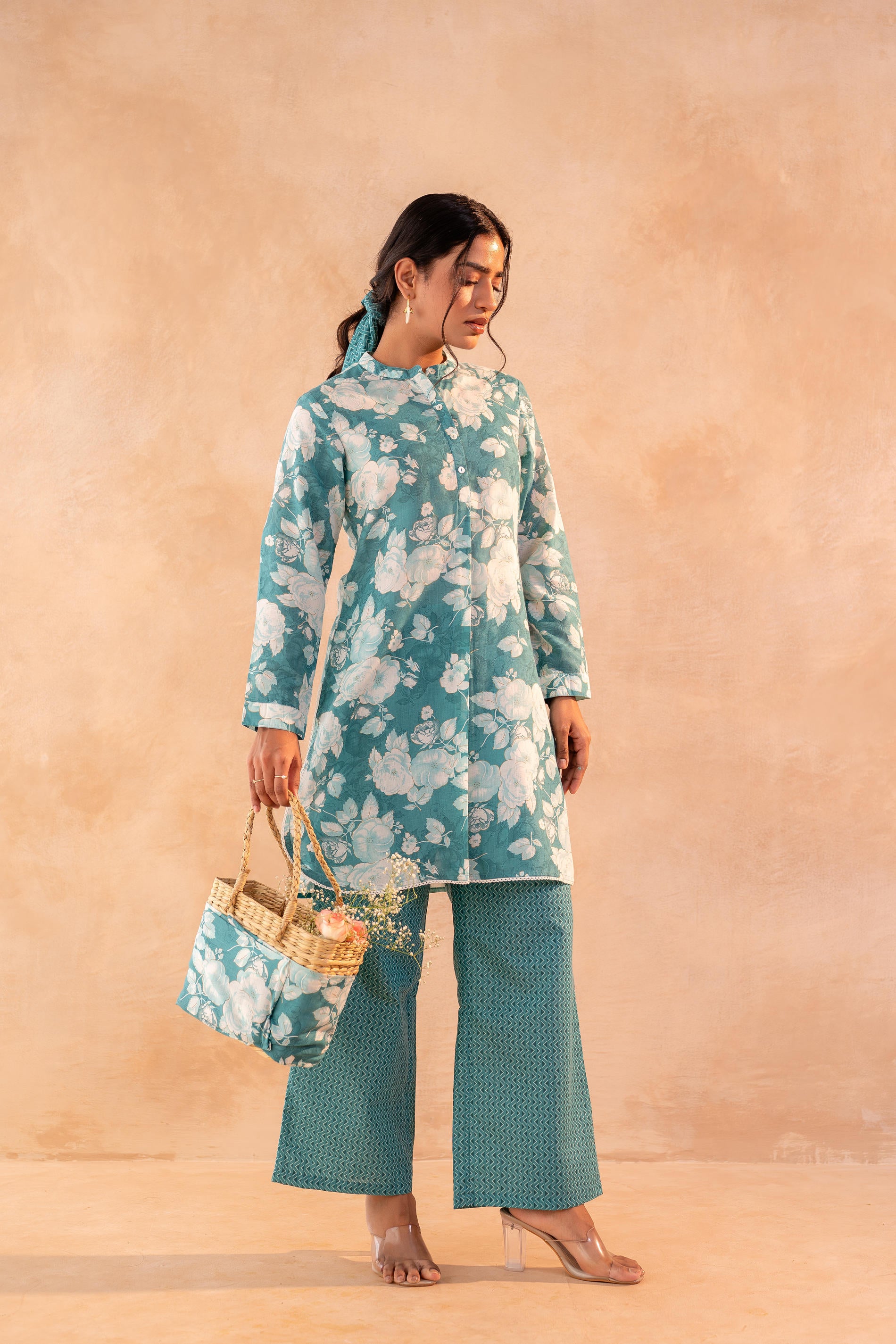 Teal Garden Bloom Kurta And Pant Set