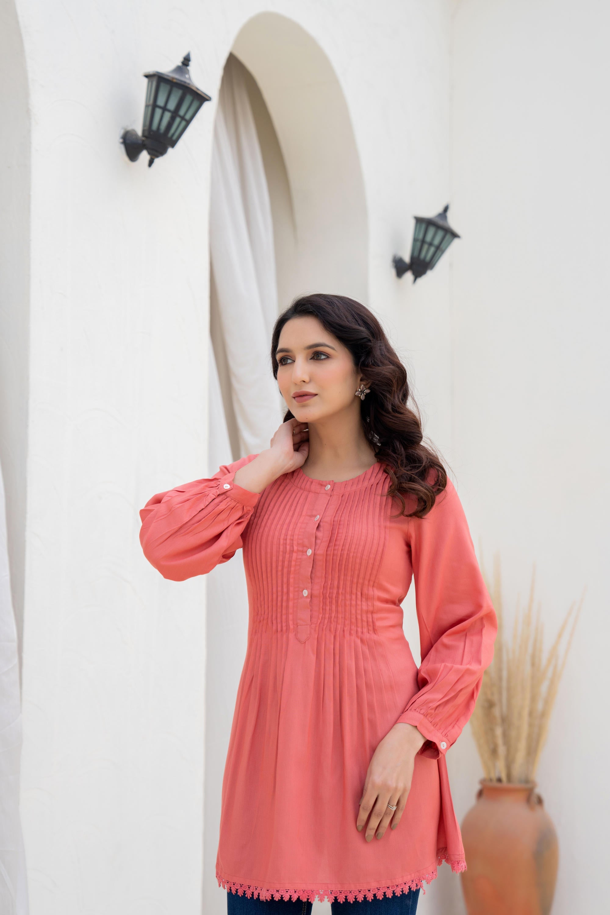 Coral Solid Viscose Tunic With Buttons & Lace