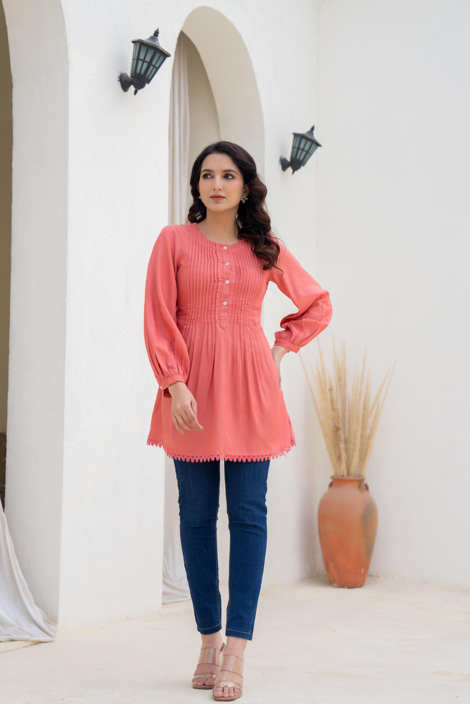 Coral Solid Viscose Tunic With Buttons & Lace