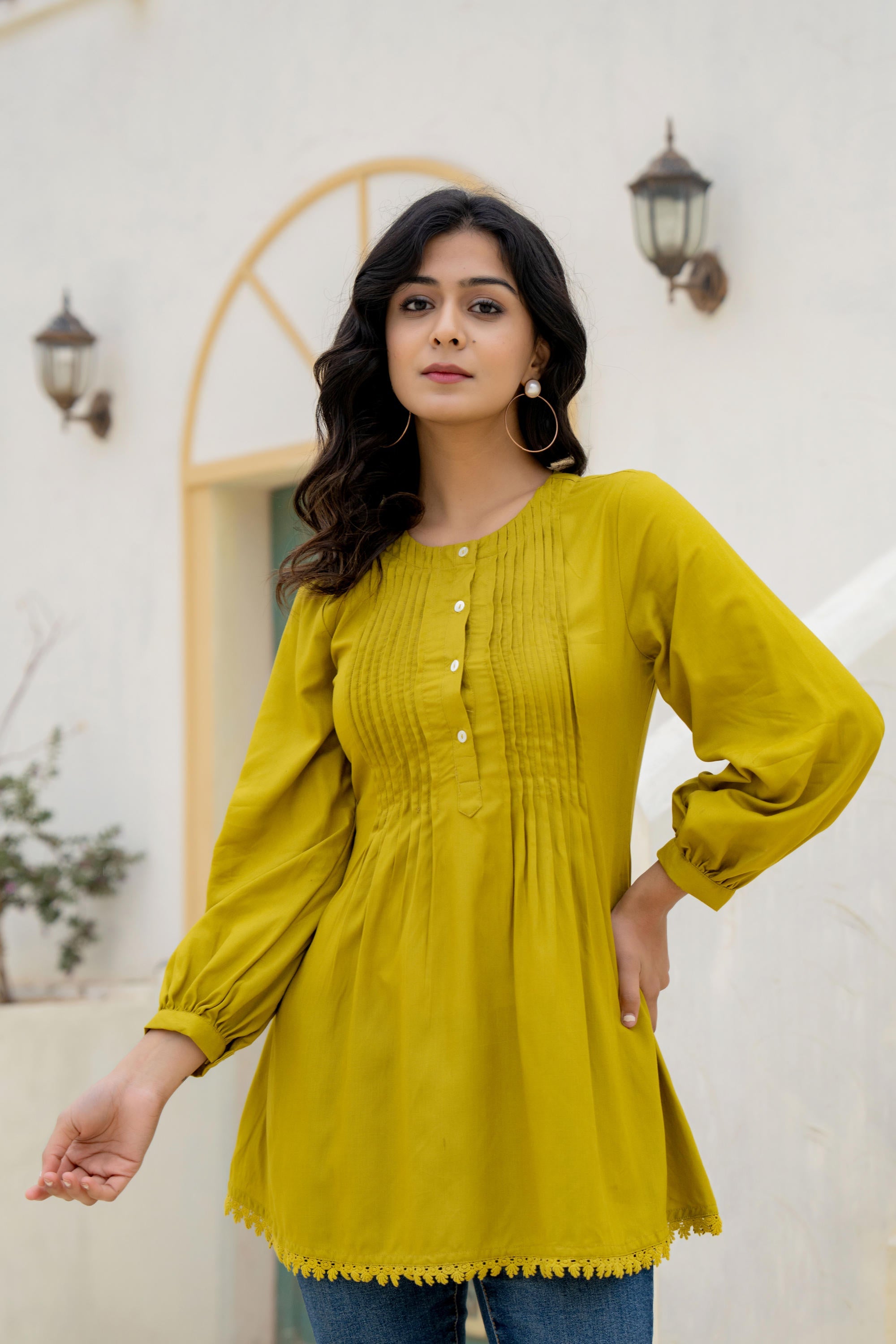 Lime Solid Viscose Tunic With Buttons & Lace