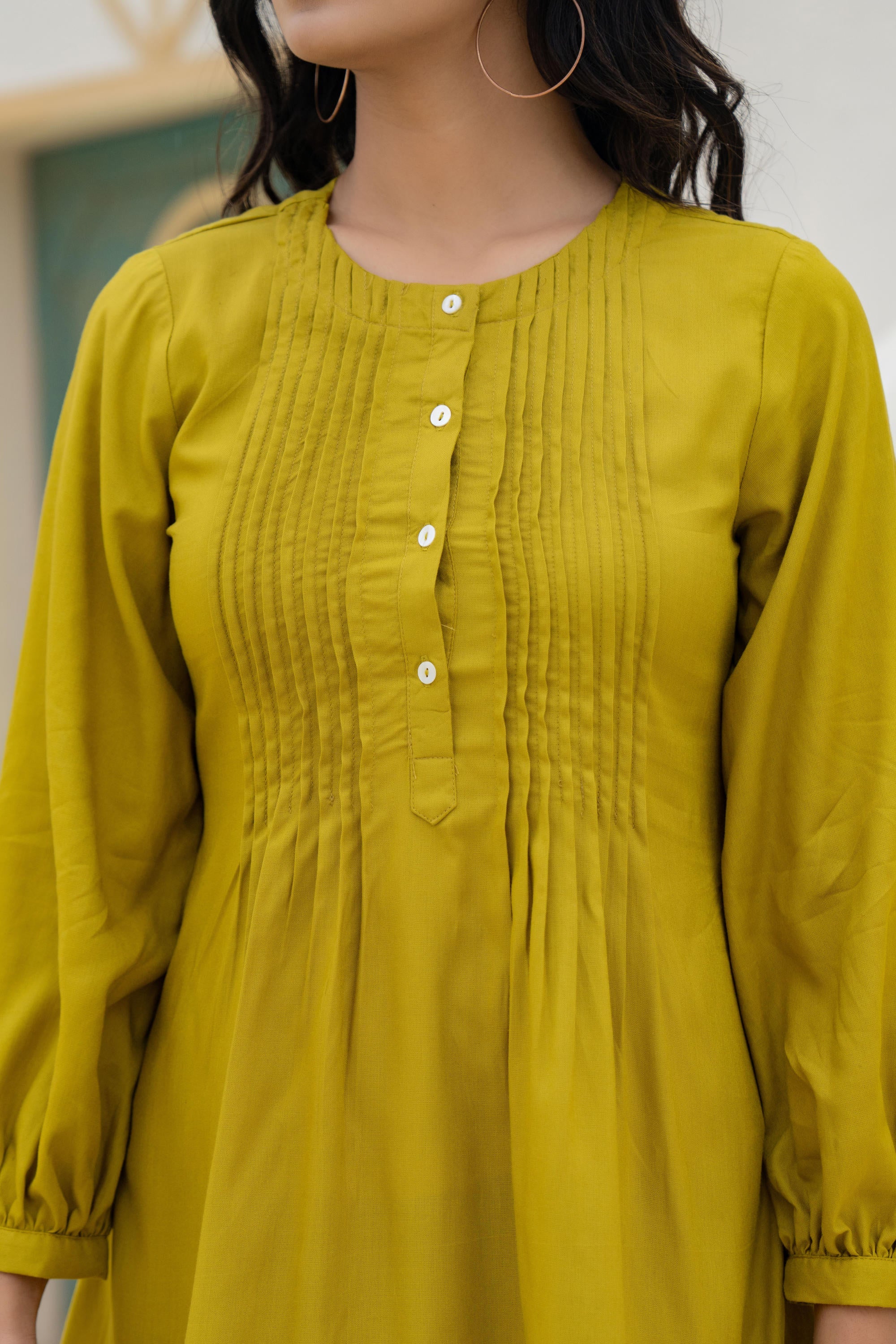 Lime Solid Viscose Tunic With Buttons & Lace