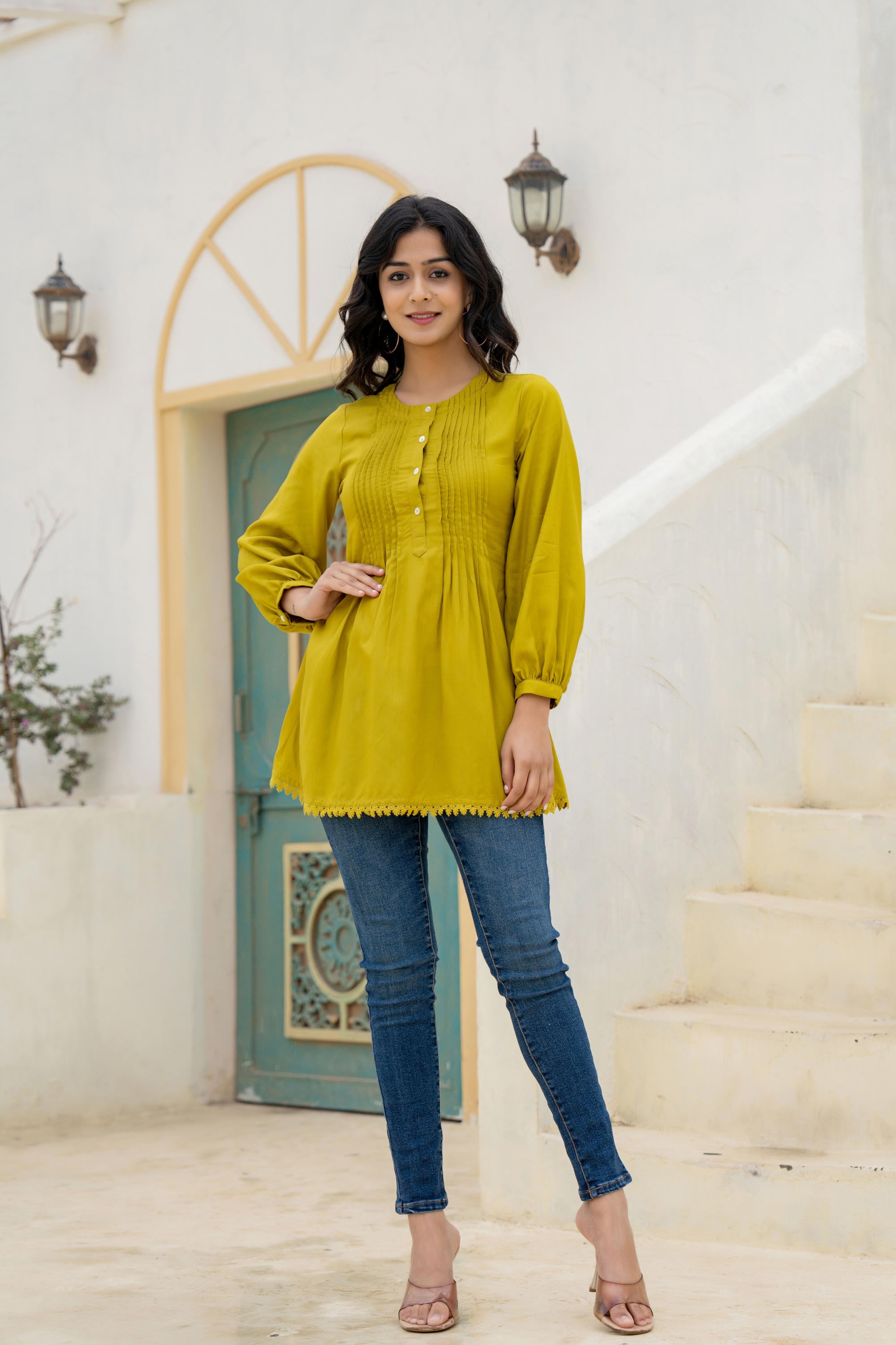 Lime Solid Viscose Tunic With Buttons & Lace