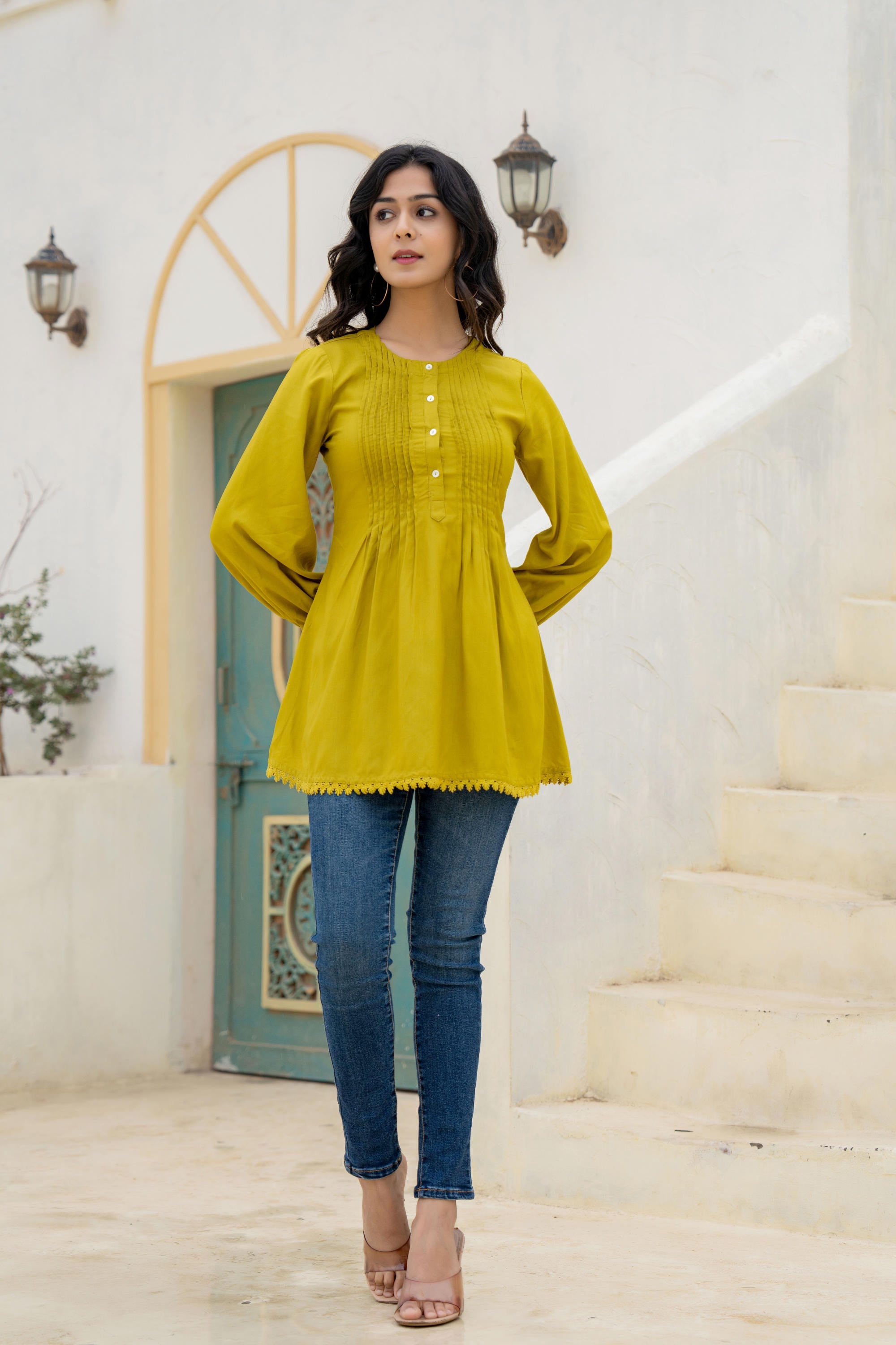 Lime Solid Viscose Tunic With Buttons & Lace