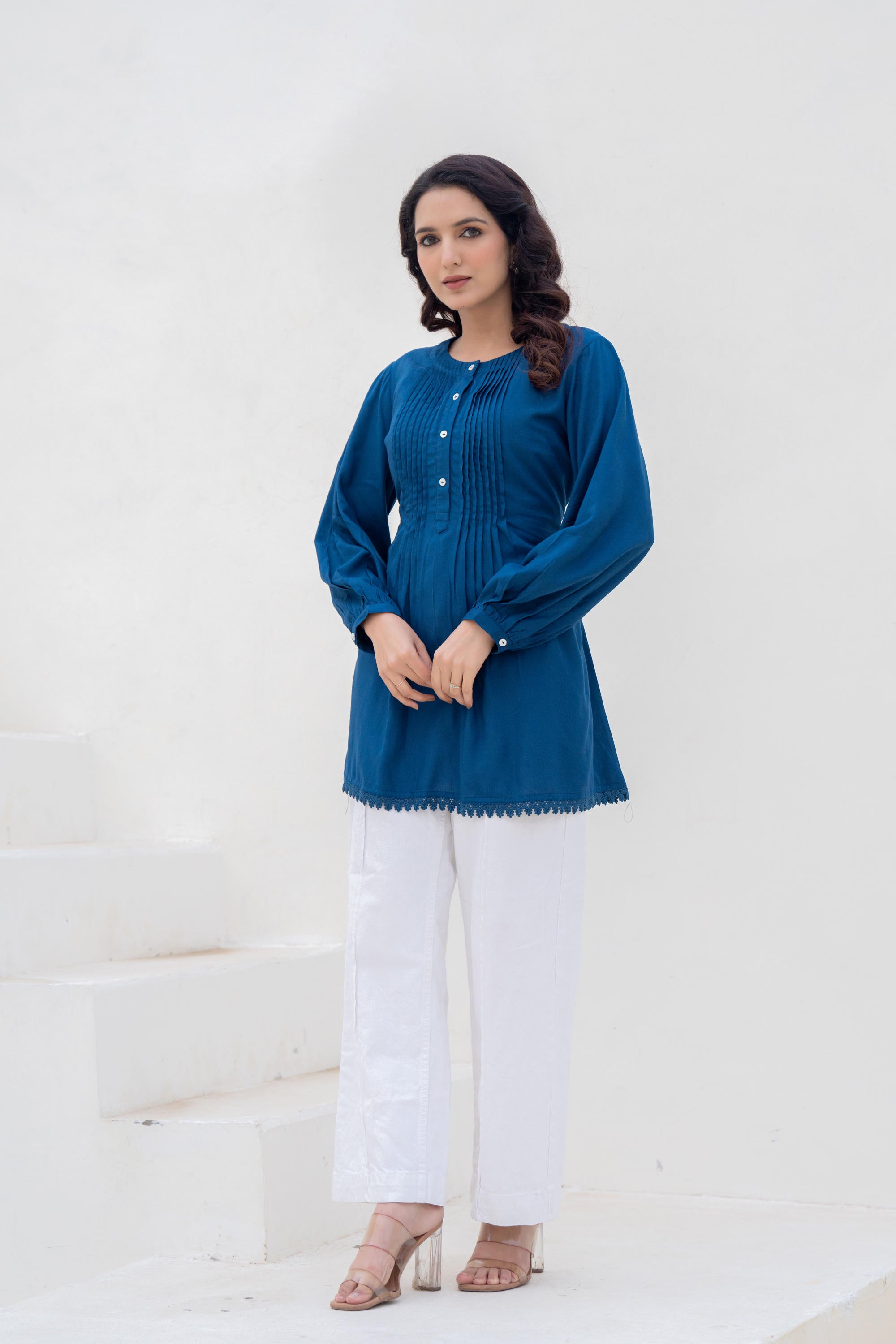 Navy Solid Viscose Tunic With Buttons & Lace