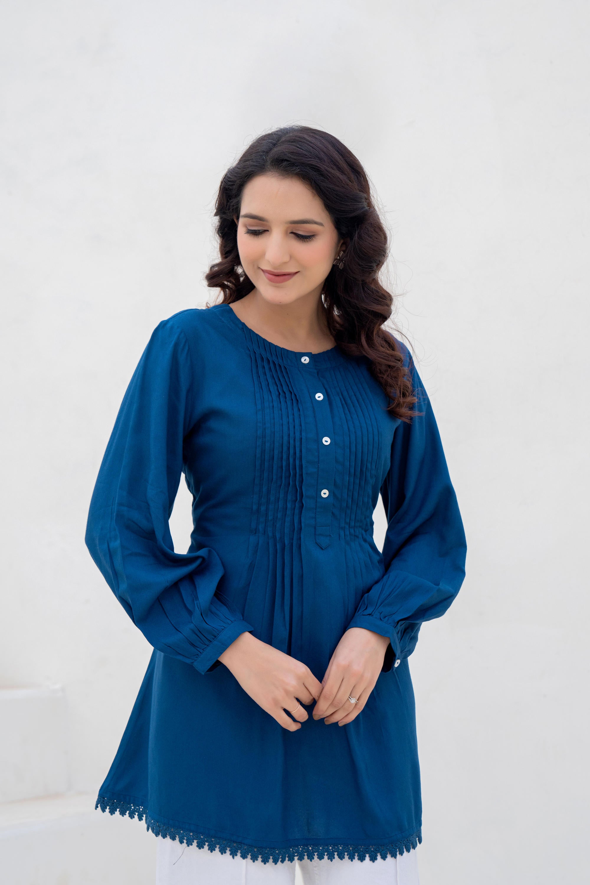 Navy Solid Viscose Tunic With Buttons & Lace