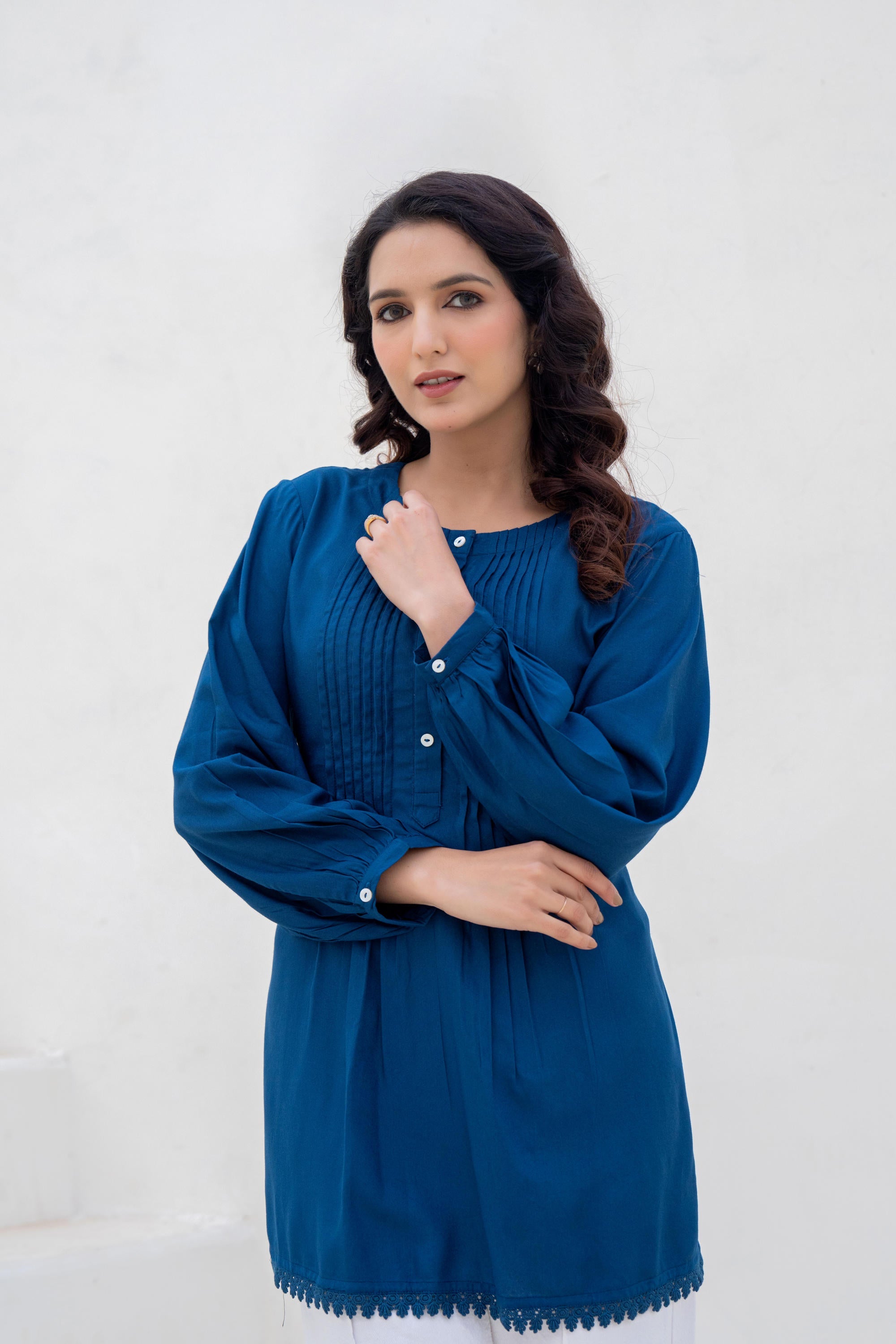 Navy Solid Viscose Tunic With Buttons & Lace