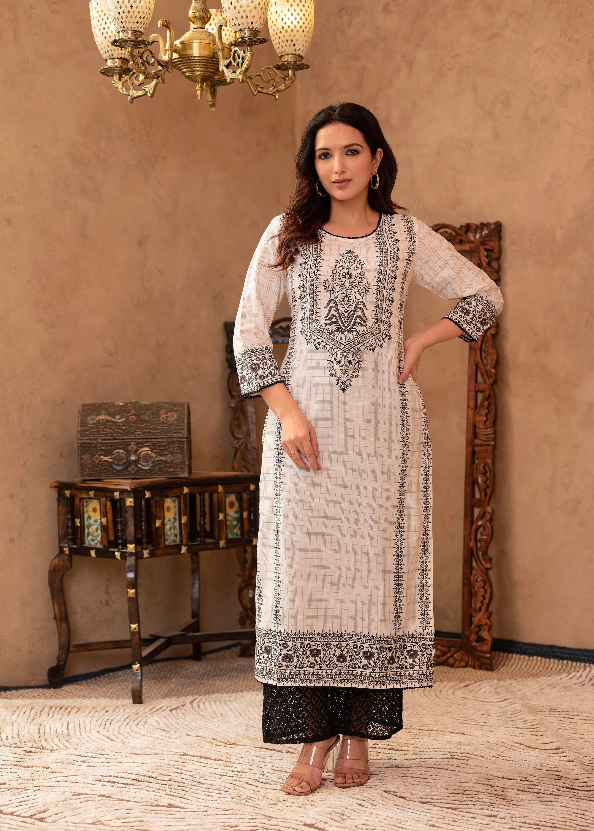 Black & White Ethnic Motif Printed Viscose Kurta with Cotton Lace & Sequins