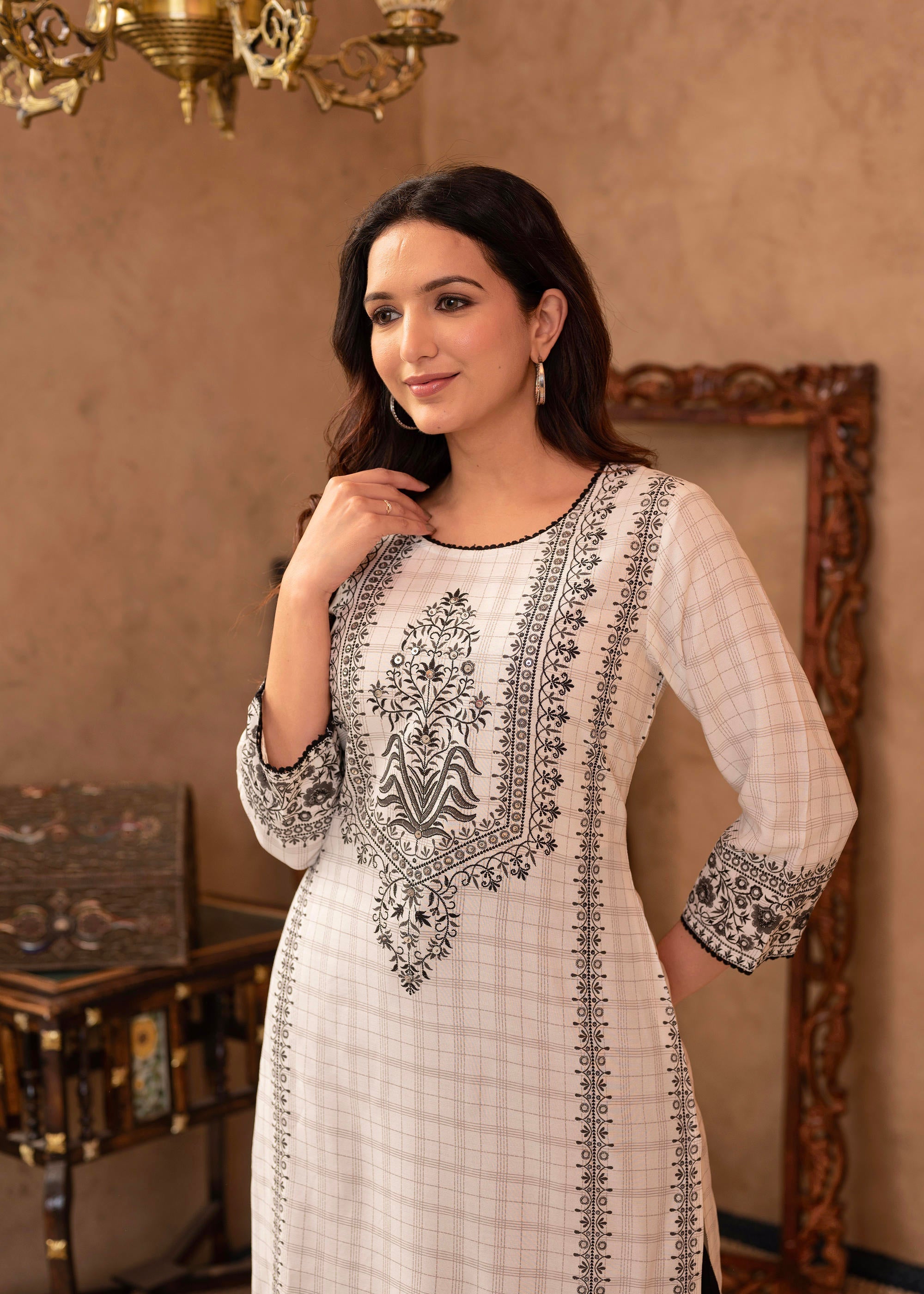 Black & White Ethnic Motif Printed Viscose Kurta with Cotton Lace & Sequins