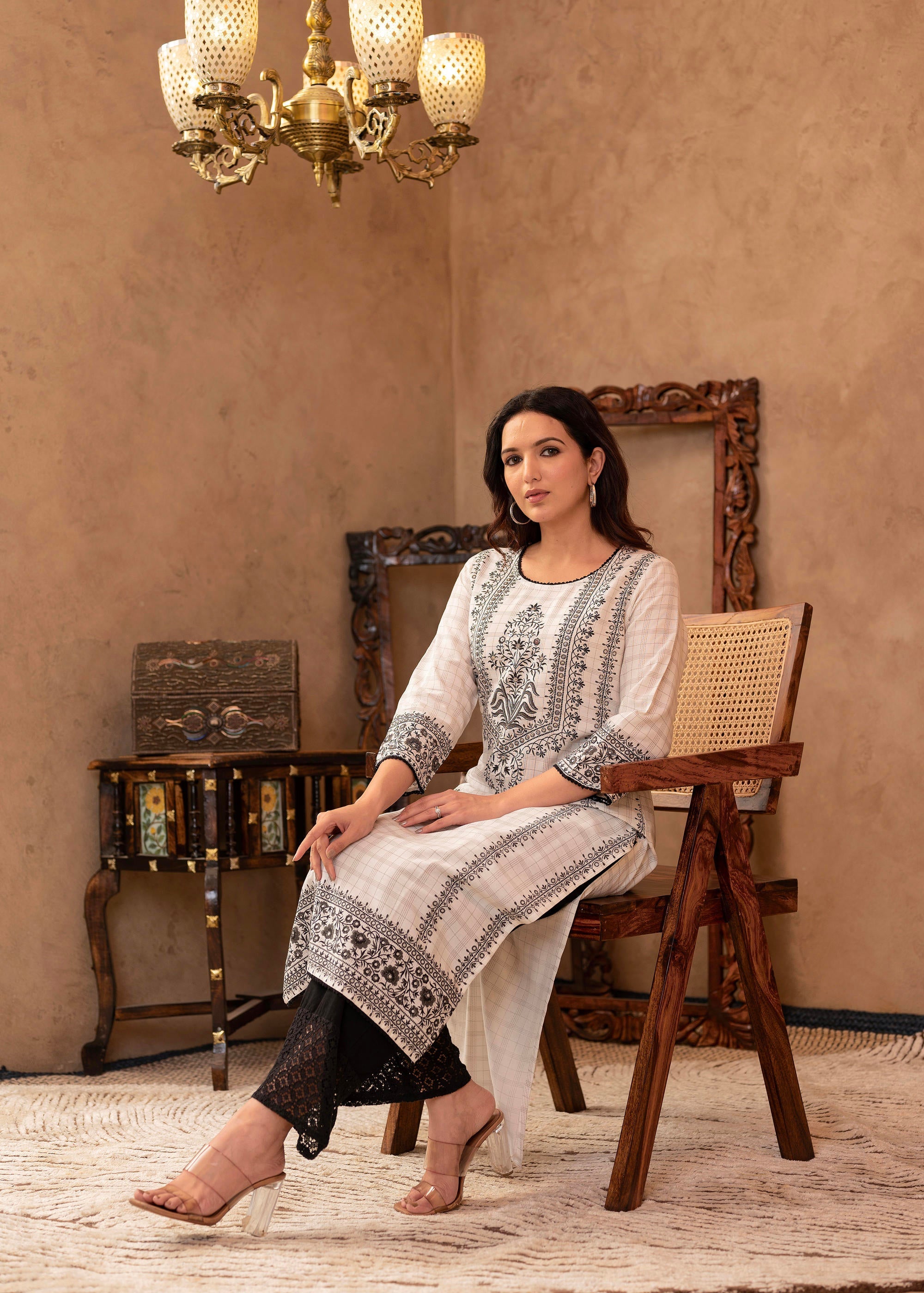 Black & White Ethnic Motif Printed Viscose Kurta with Cotton Lace & Sequins