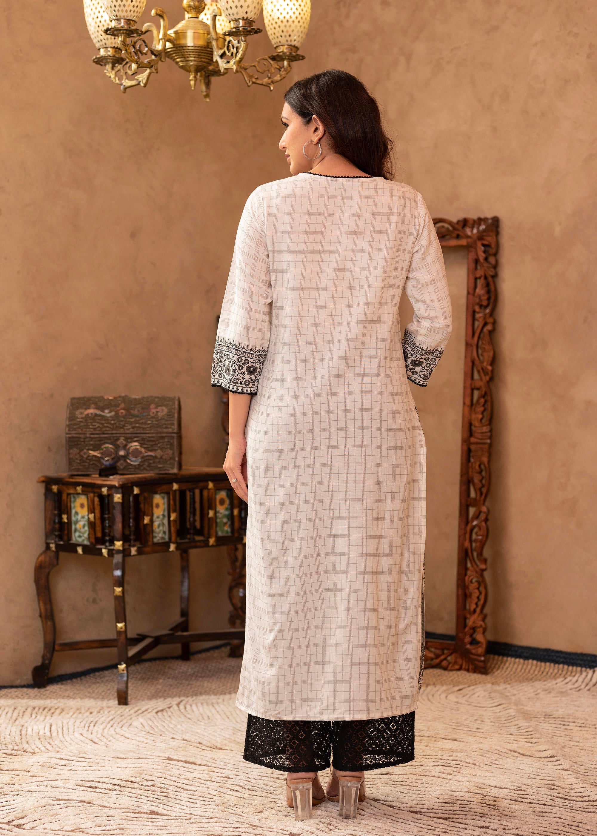 Black & White Ethnic Motif Printed Viscose Kurta with Cotton Lace & Sequins