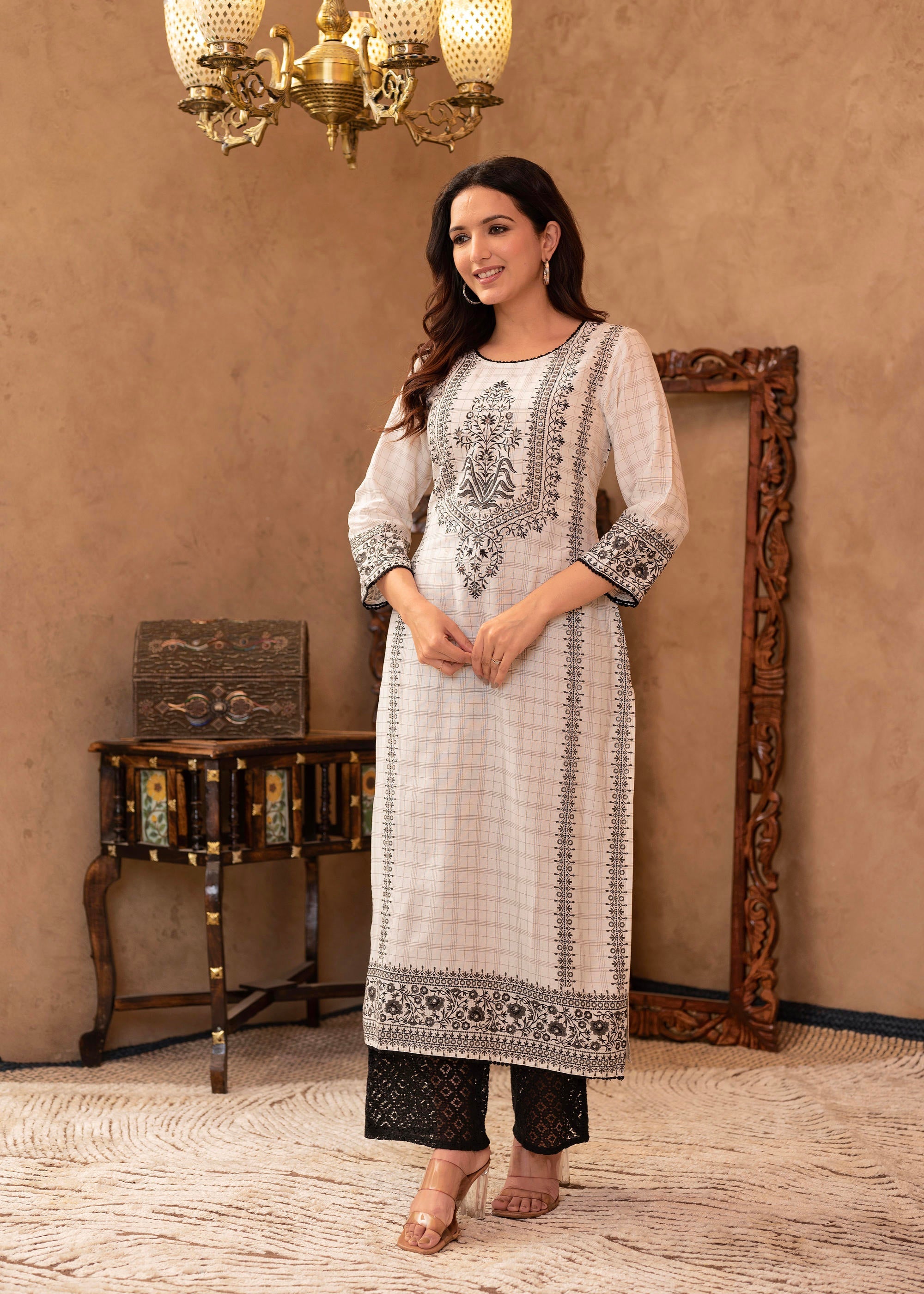 Black & White Ethnic Motif Printed Viscose Kurta with Cotton Lace & Sequins