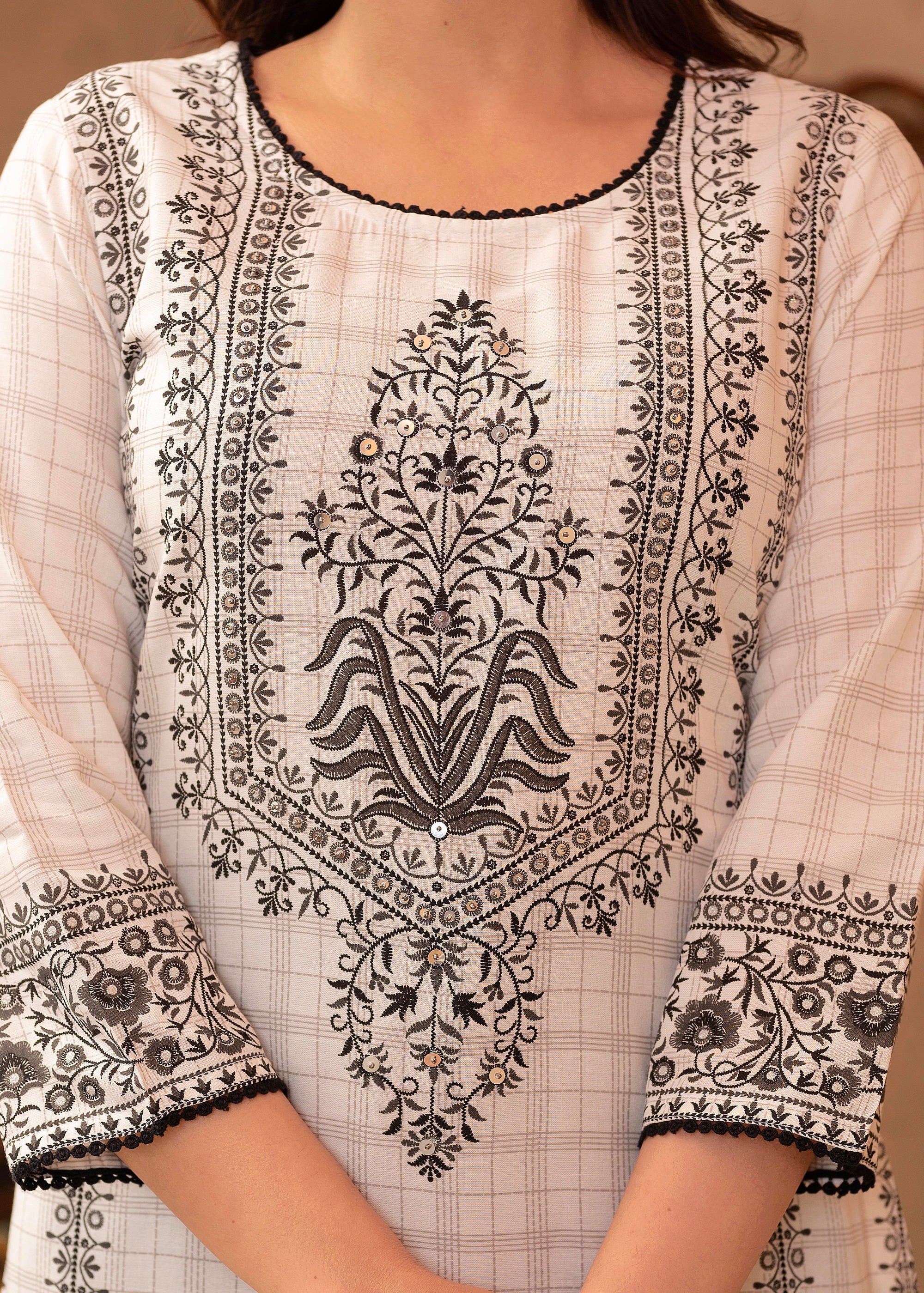 Black & White Ethnic Motif Printed Viscose Kurta with Cotton Lace & Sequins