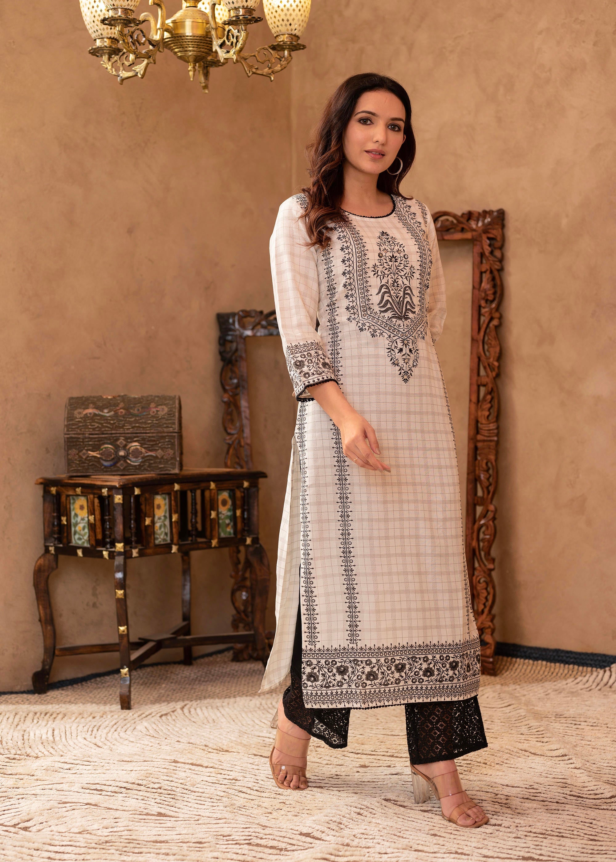 Black & White Ethnic Motif Printed Viscose Kurta with Cotton Lace & Sequins