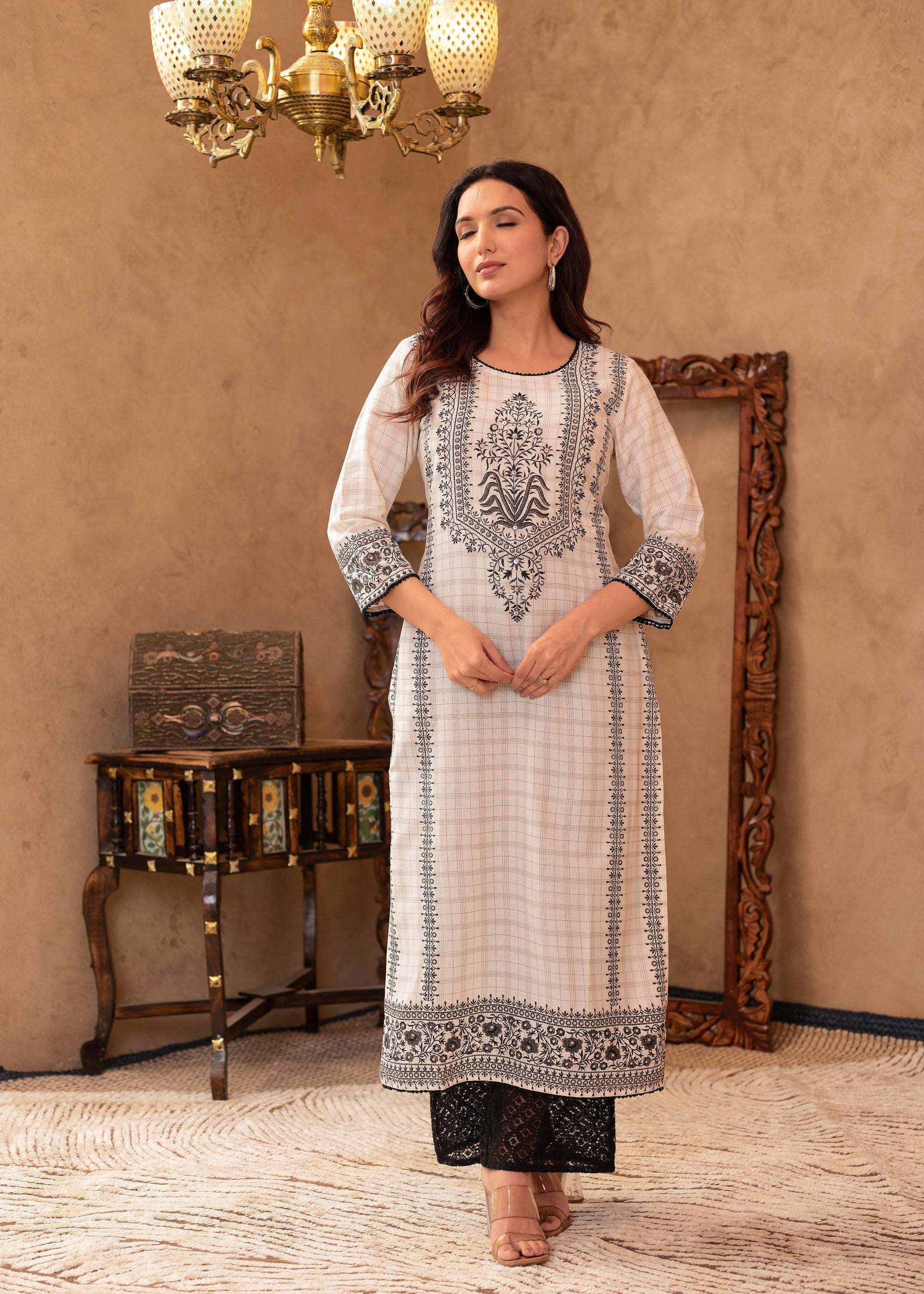 Black & White Ethnic Motif Printed Viscose Kurta with Cotton Lace & Sequins