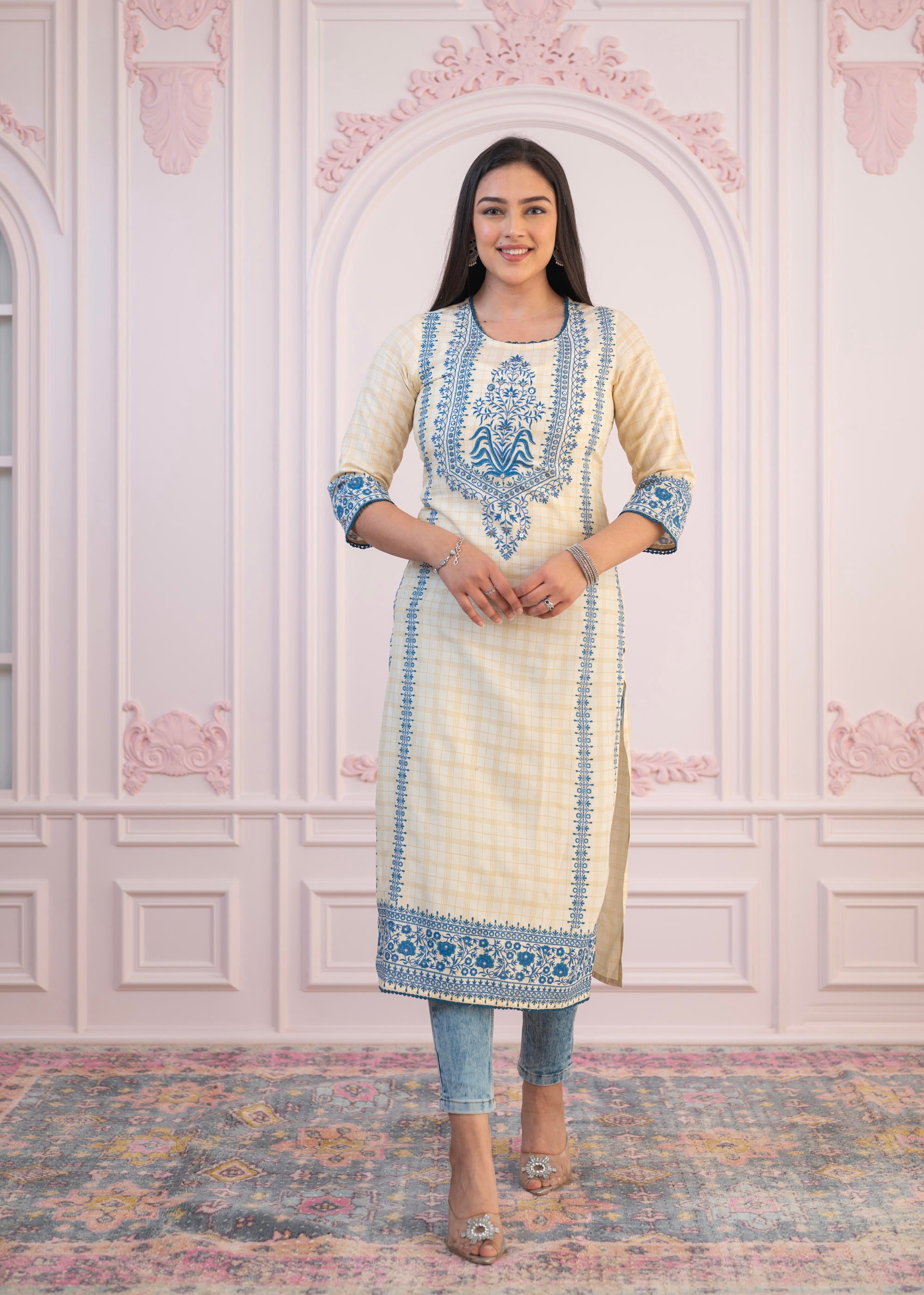 Blue Viscose Printed Kurta with Ethnic Motifs, Cotton Lace, Sequins & Bead Work
