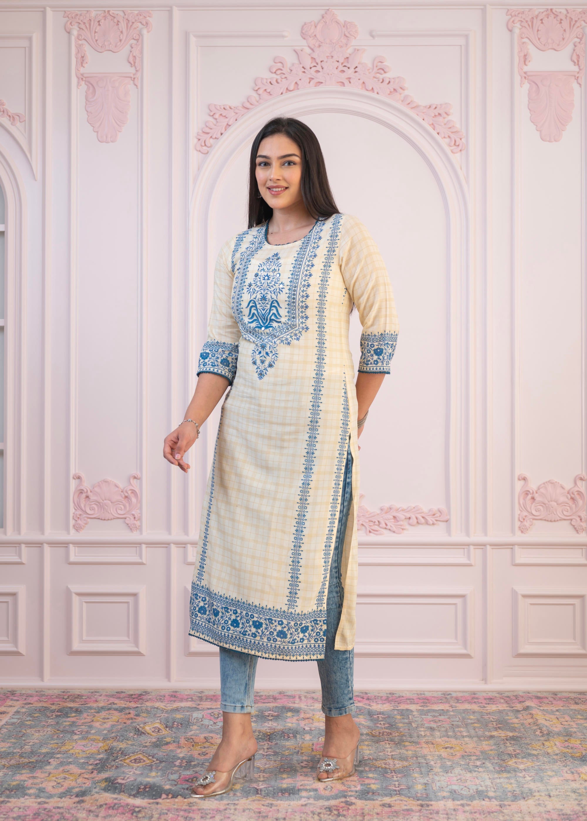 Blue Viscose Printed Kurta with Ethnic Motifs, Cotton Lace, Sequins & Bead Work