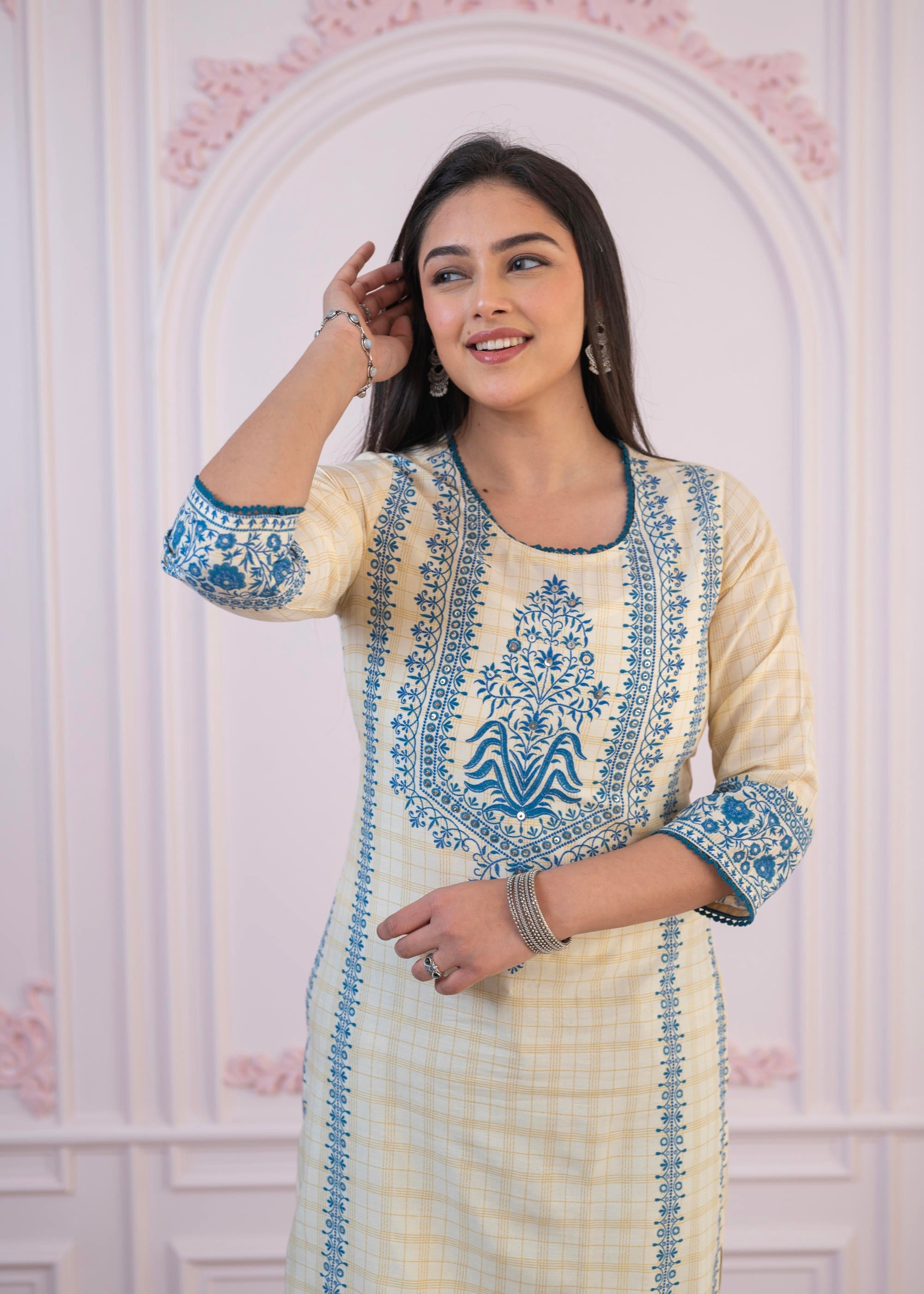 Blue Viscose Printed Kurta with Ethnic Motifs, Cotton Lace, Sequins & Bead Work