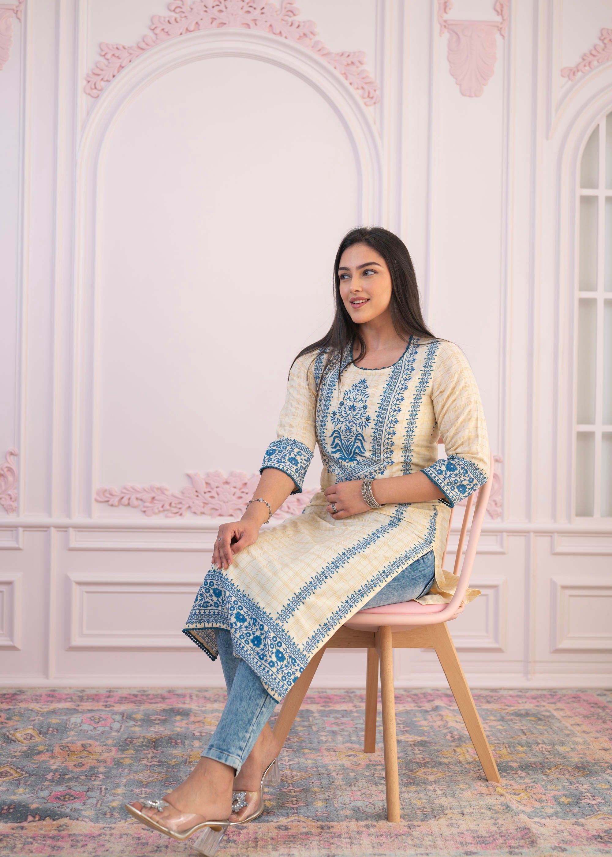 Blue Viscose Printed Kurta with Ethnic Motifs, Cotton Lace, Sequins & Bead Work