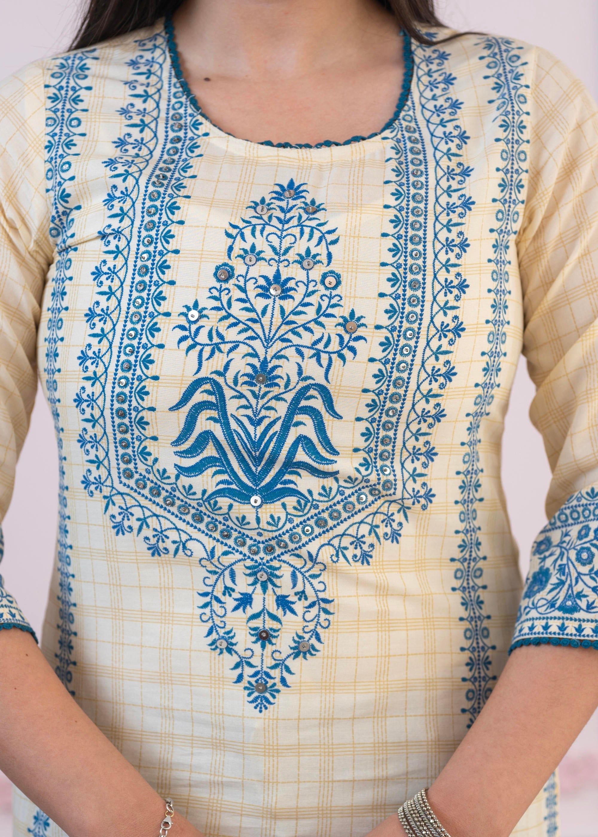 Blue Viscose Printed Kurta with Ethnic Motifs, Cotton Lace, Sequins & Bead Work