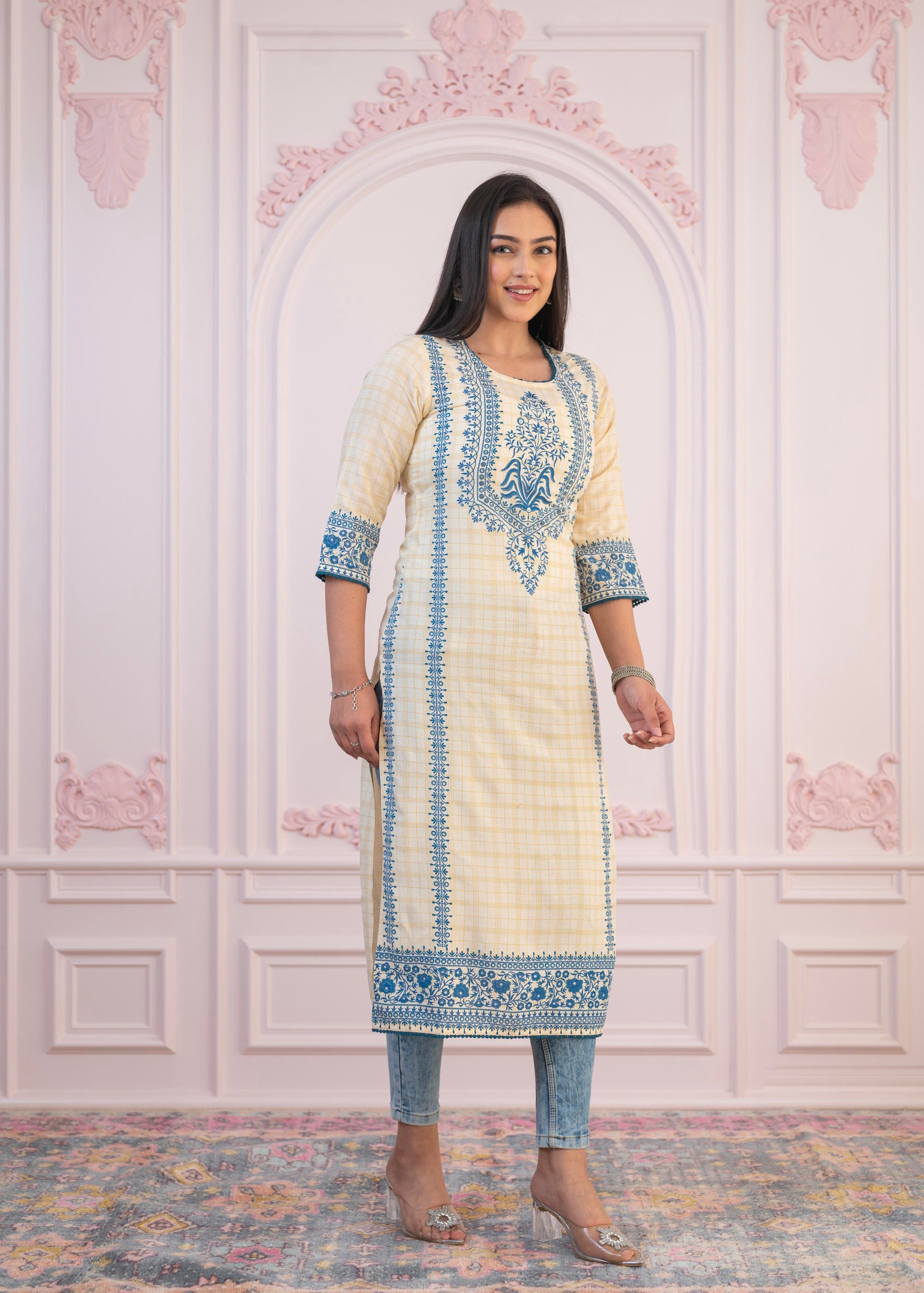 Blue Viscose Printed Kurta with Ethnic Motifs, Cotton Lace, Sequins & Bead Work