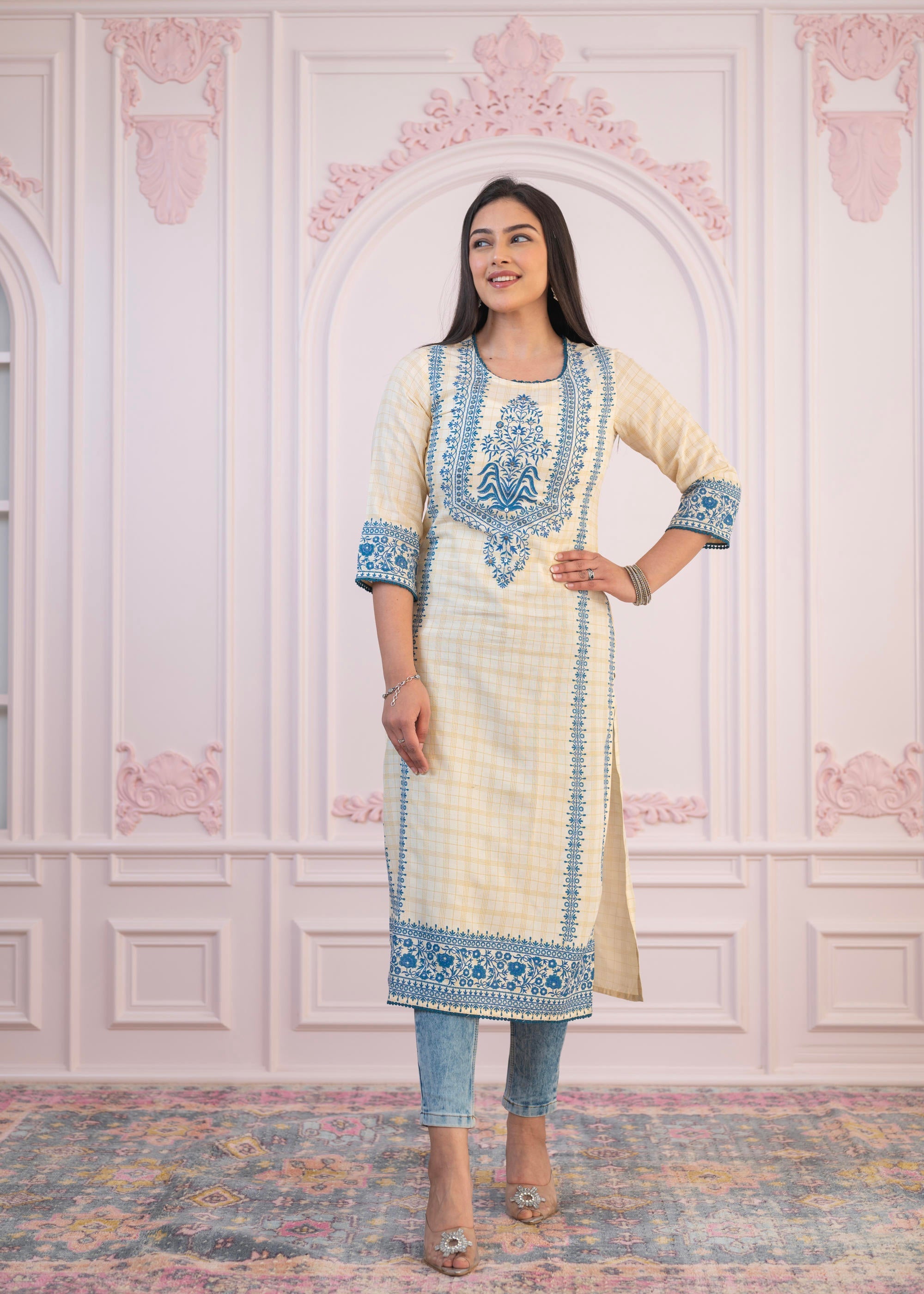 Blue Viscose Printed Kurta with Ethnic Motifs, Cotton Lace, Sequins & Bead Work