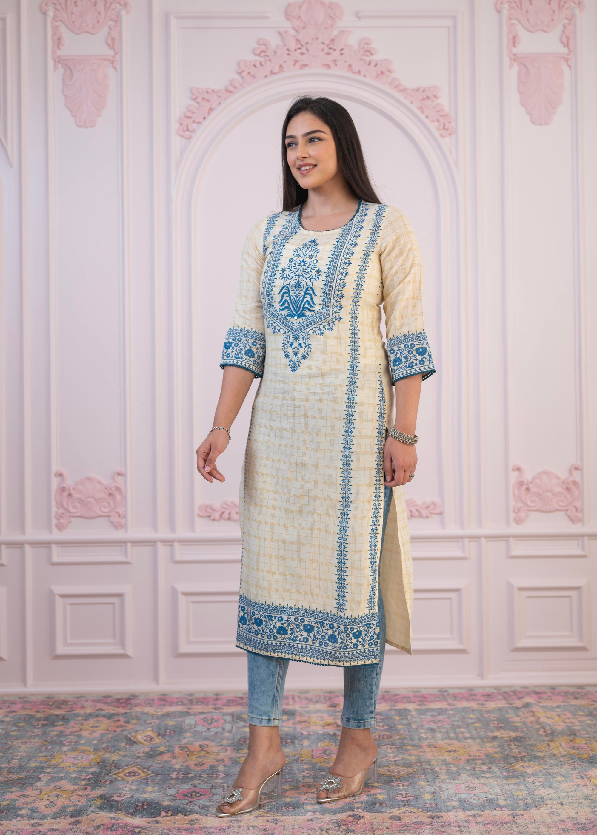 Blue Viscose Printed Kurta with Ethnic Motifs, Cotton Lace, Sequins & Bead Work