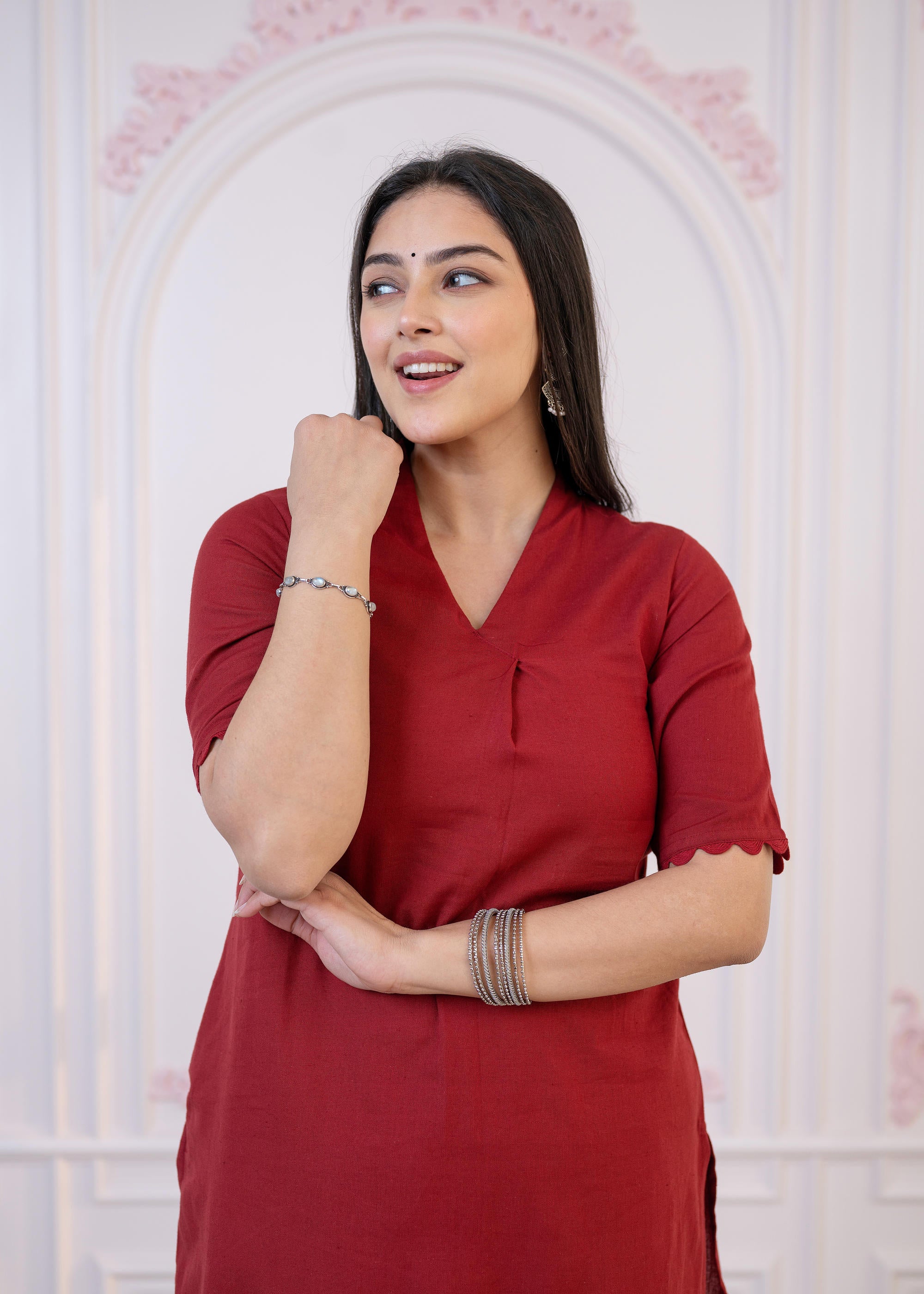 Maroon Cotton Linen Pleated Kurta-Pant Set with Cotton Lace
