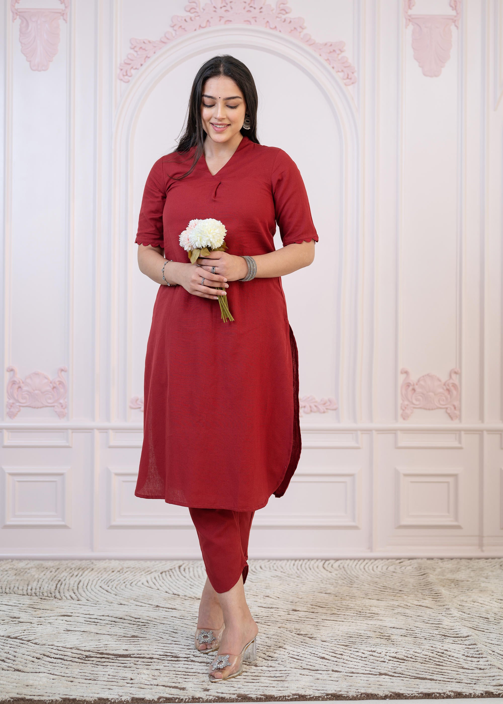 Maroon Cotton Linen Pleated Kurta-Pant Set with Cotton Lace