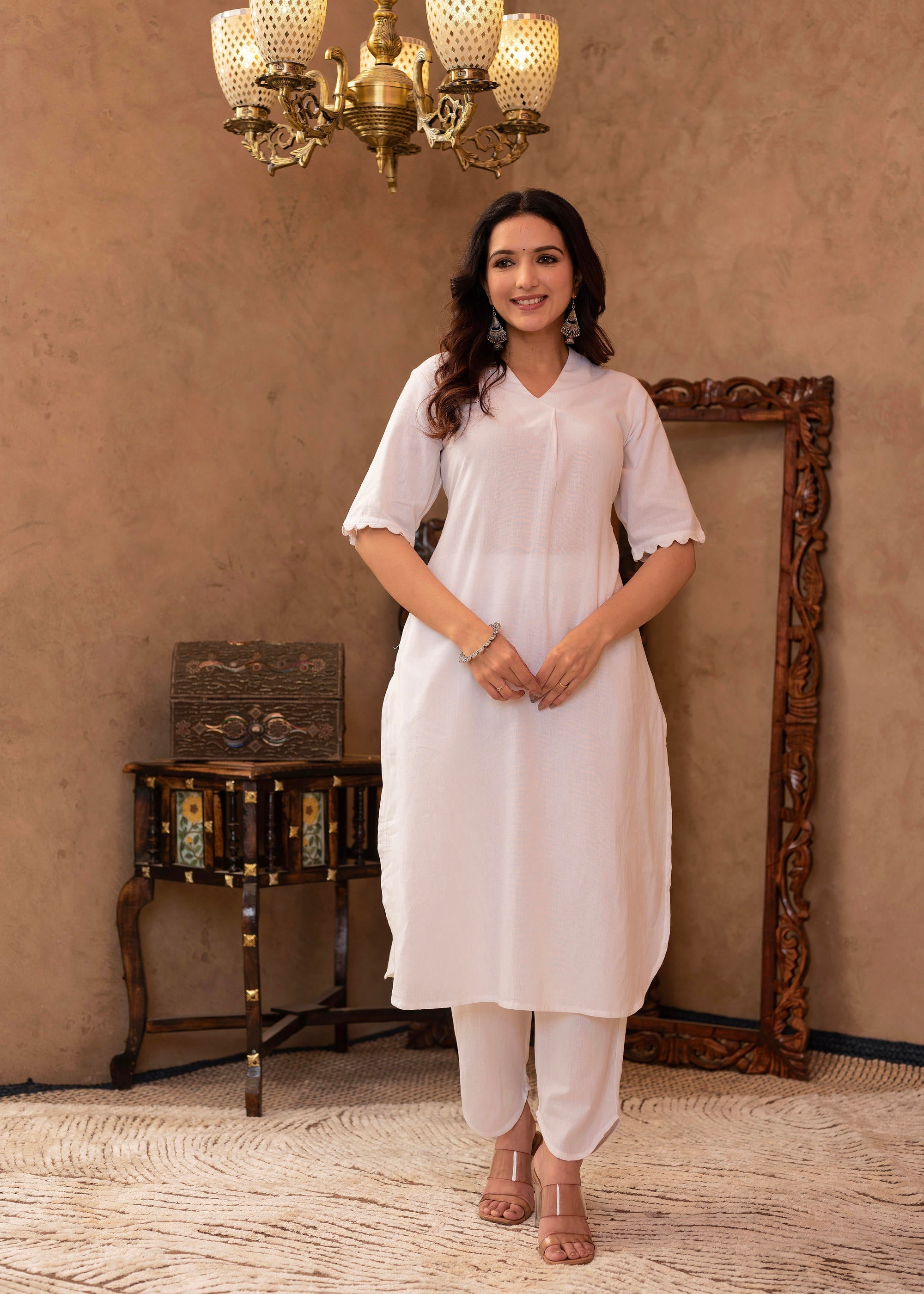 White Cotton Linen Pleated Kurta-Pant Set with Cotton Lace Detailing