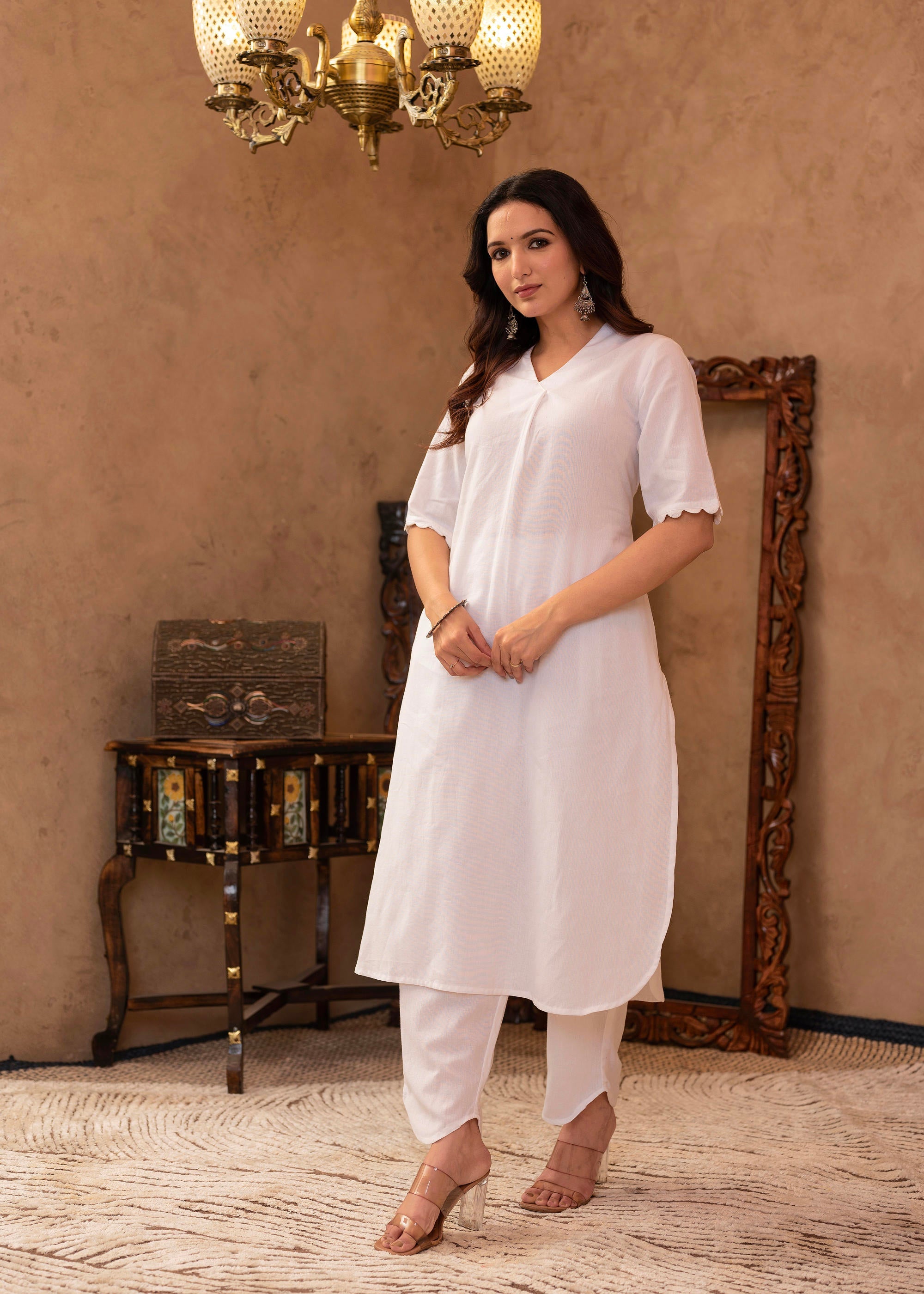 White Cotton Linen Pleated Kurta-Pant Set with Cotton Lace Detailing