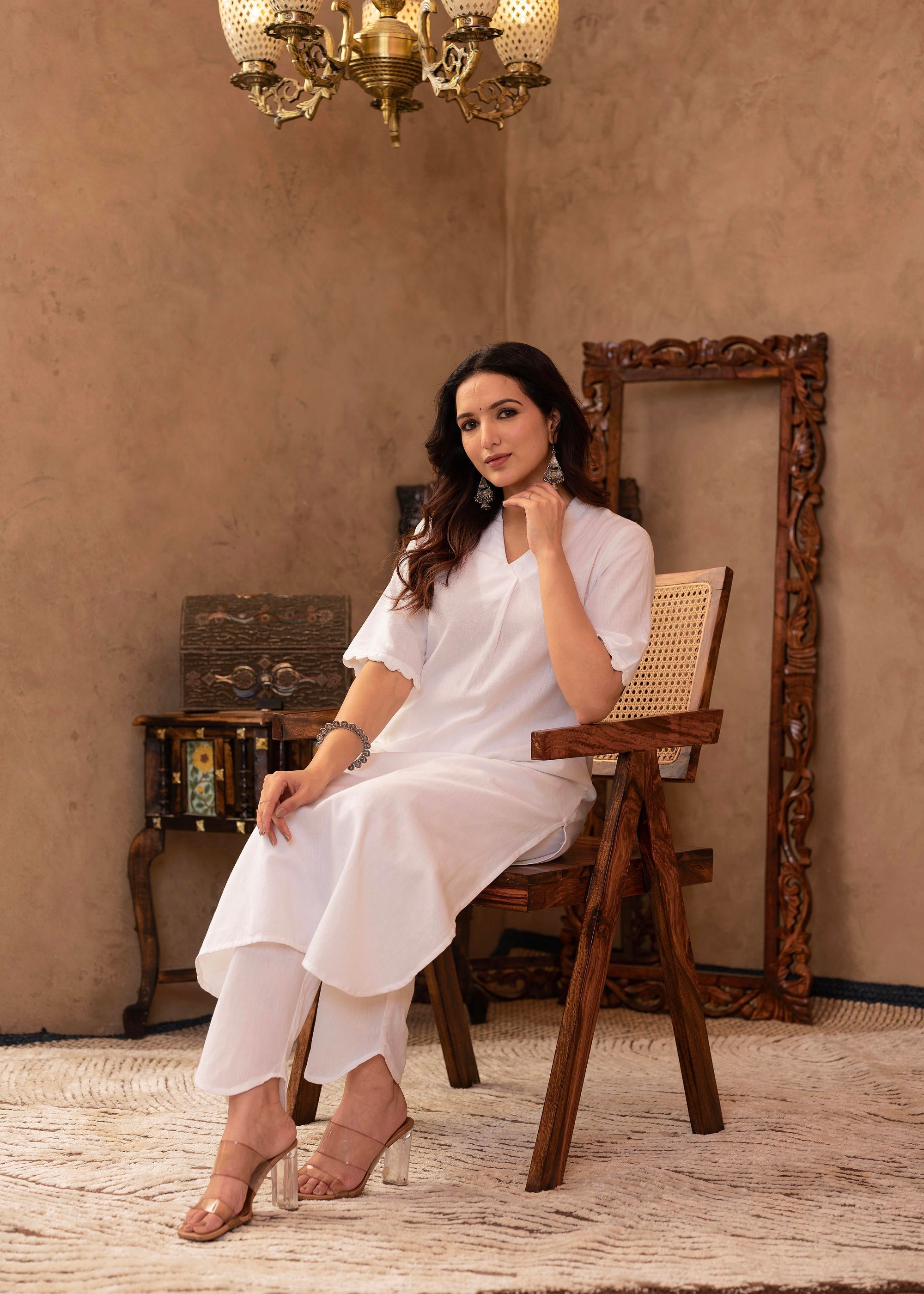 White Cotton Linen Pleated Kurta-Pant Set with Cotton Lace Detailing