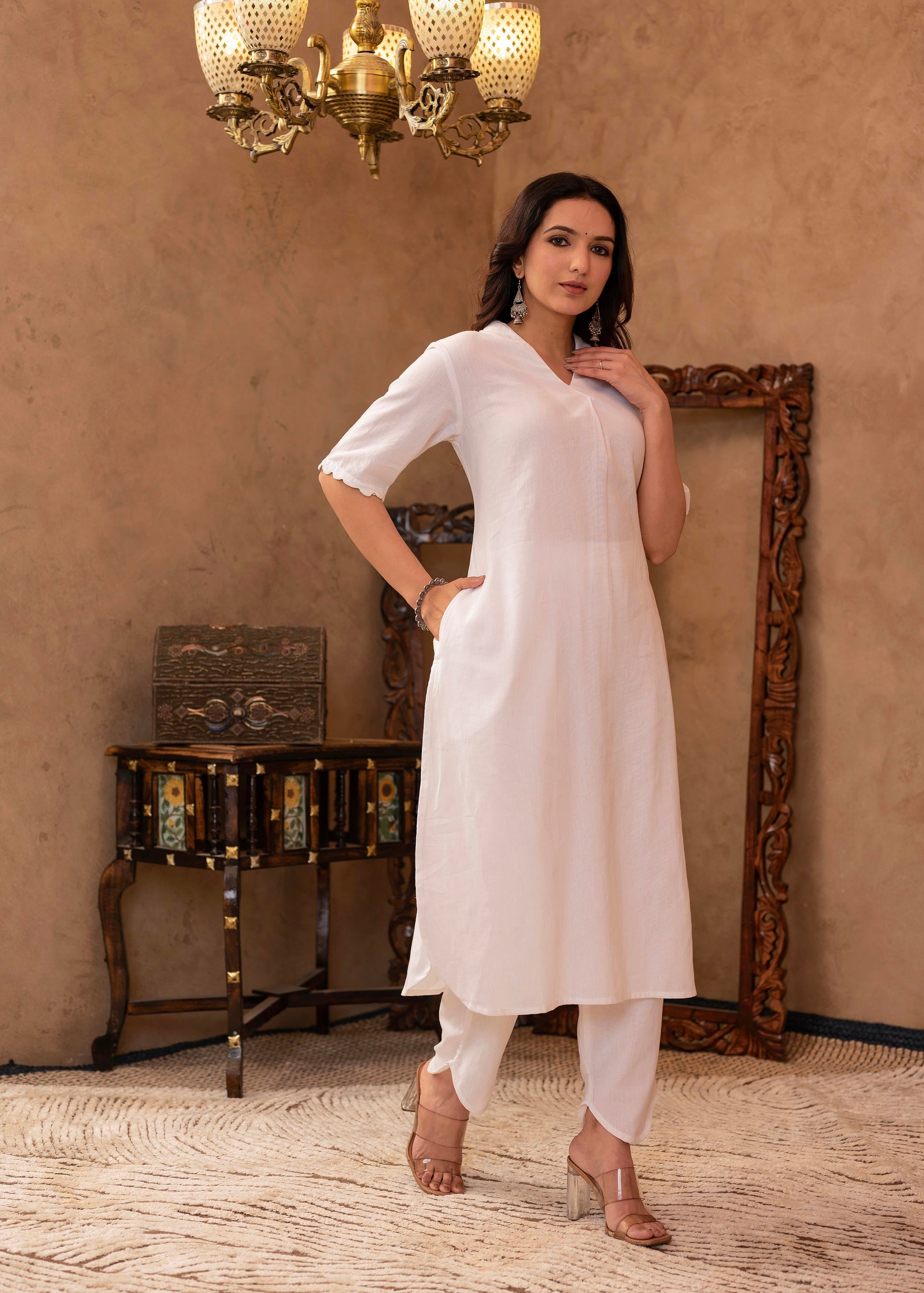 White Cotton Linen Pleated Kurta-Pant Set with Cotton Lace Detailing