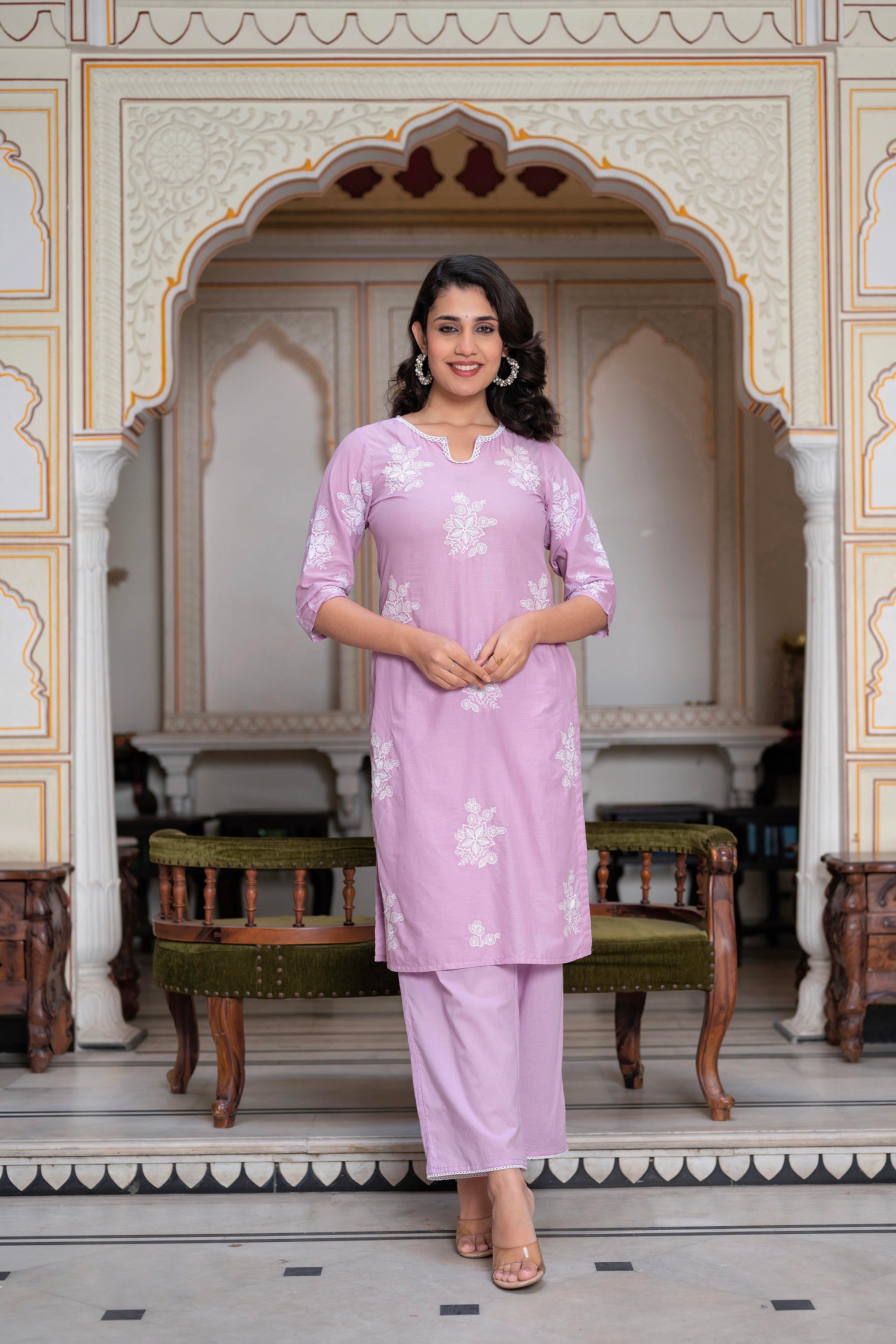 Lavender Floral Embroidered Cotton Slub Kurta with Palazzo & Hook Closure