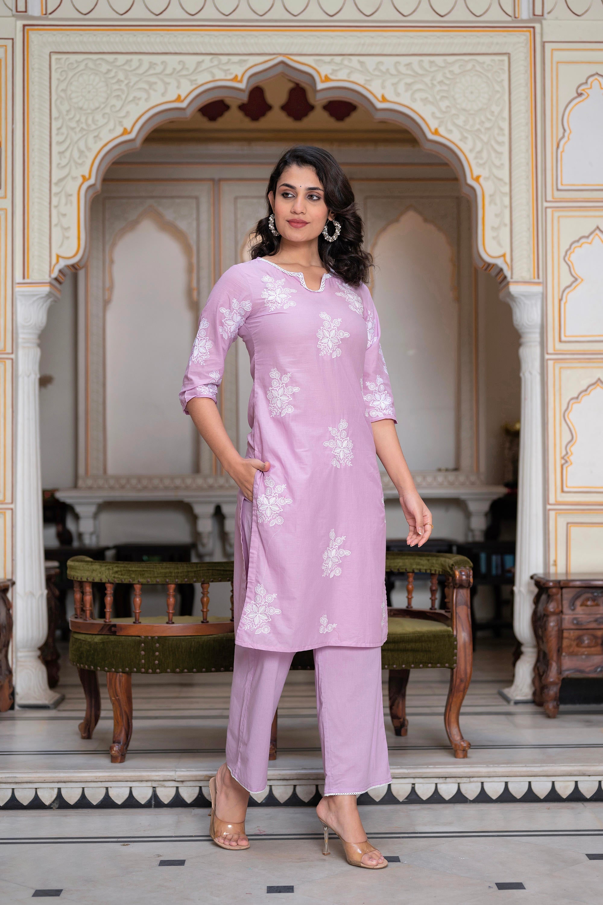 Lavender Floral Embroidered Cotton Slub Kurta with Palazzo & Hook Closure