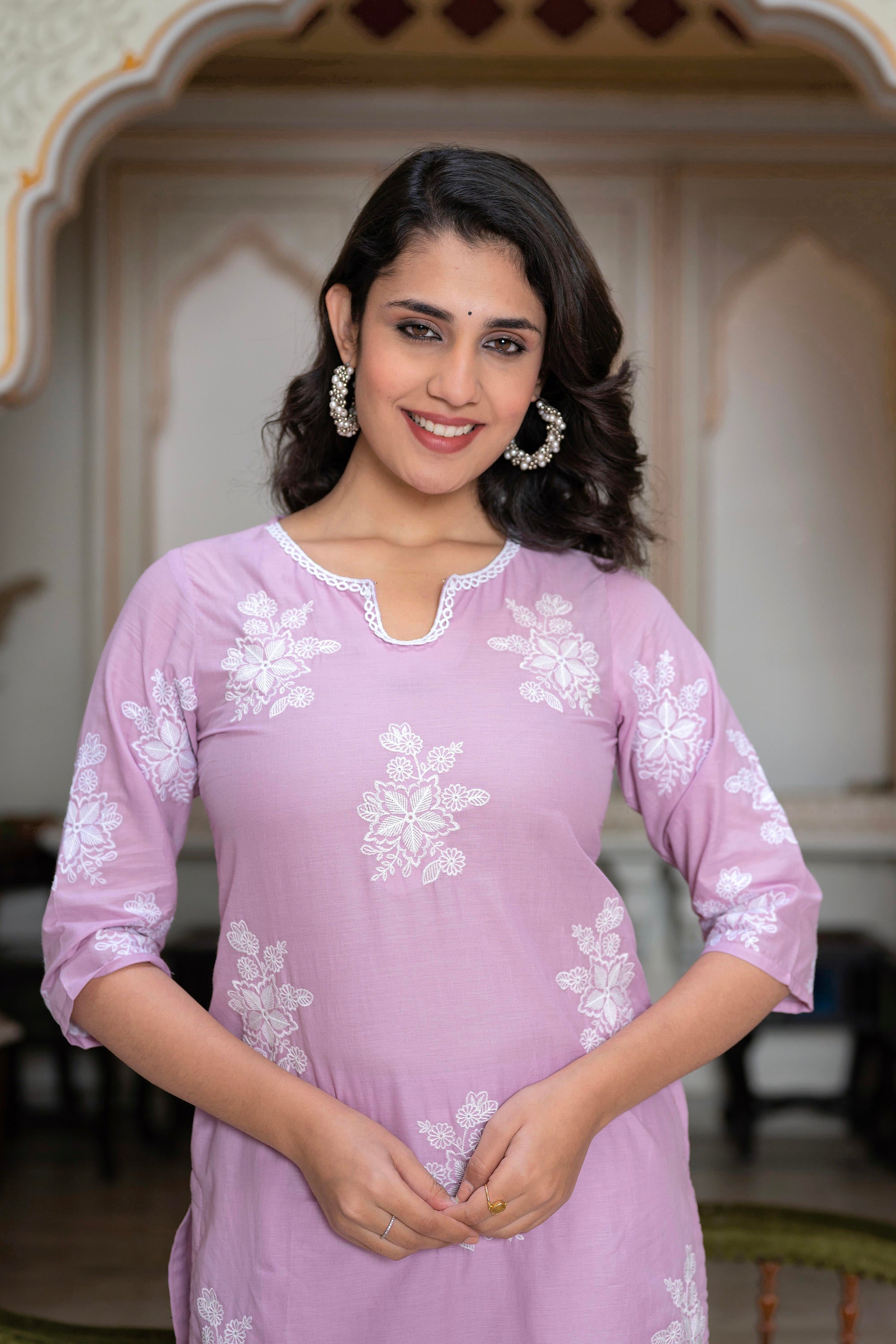 Lavender Floral Embroidered Cotton Slub Kurta with Palazzo & Hook Closure