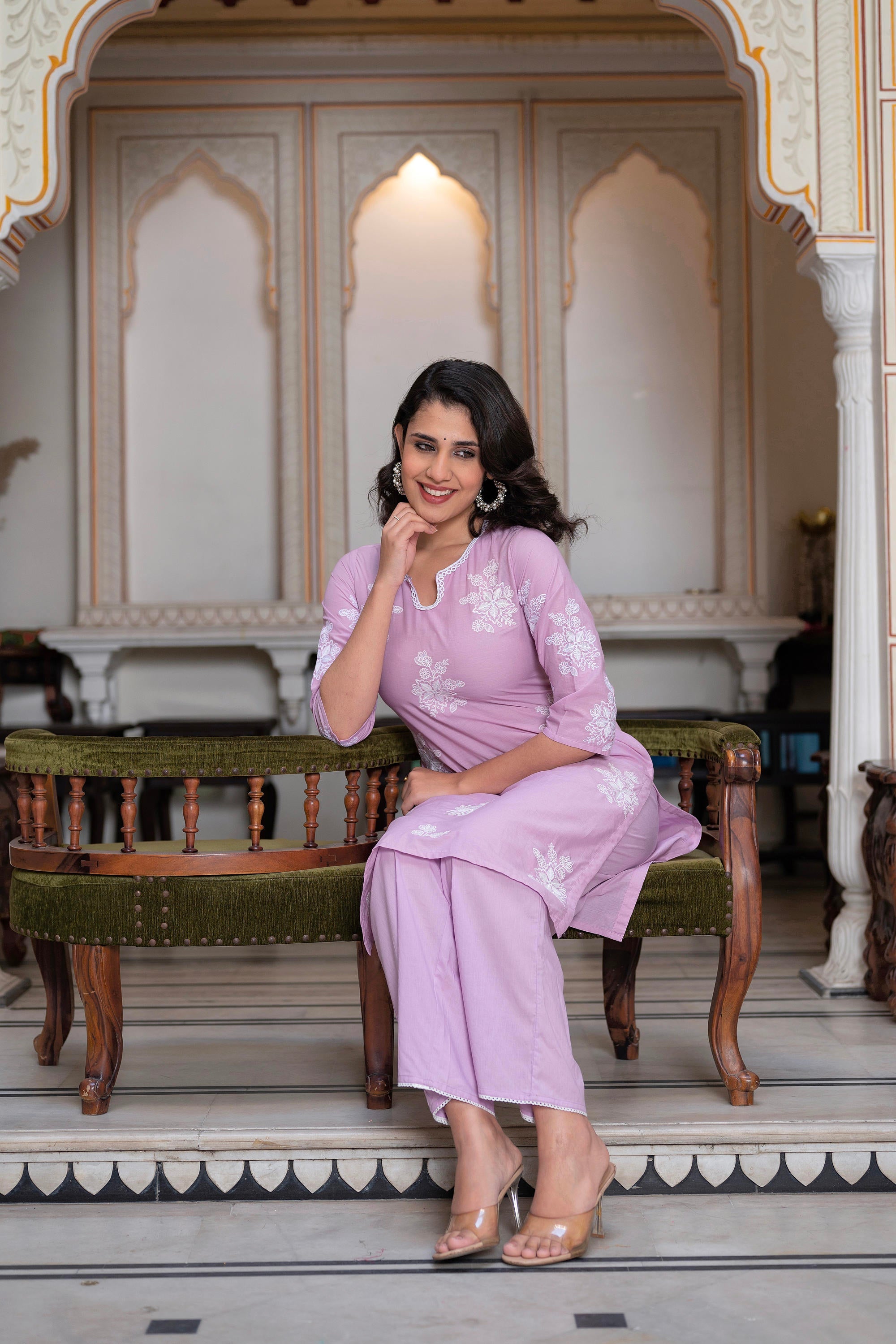 Lavender Floral Embroidered Cotton Slub Kurta with Palazzo & Hook Closure