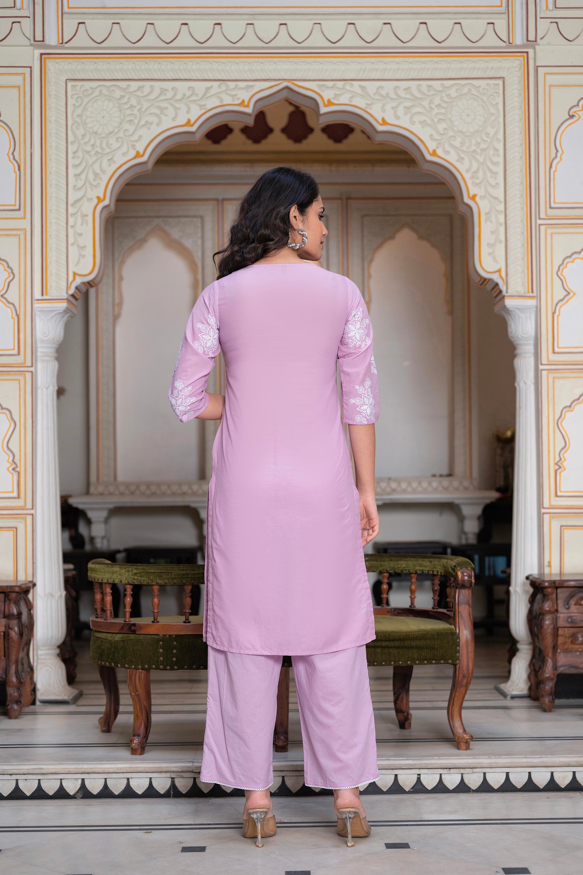 Lavender Floral Embroidered Cotton Slub Kurta with Palazzo & Hook Closure