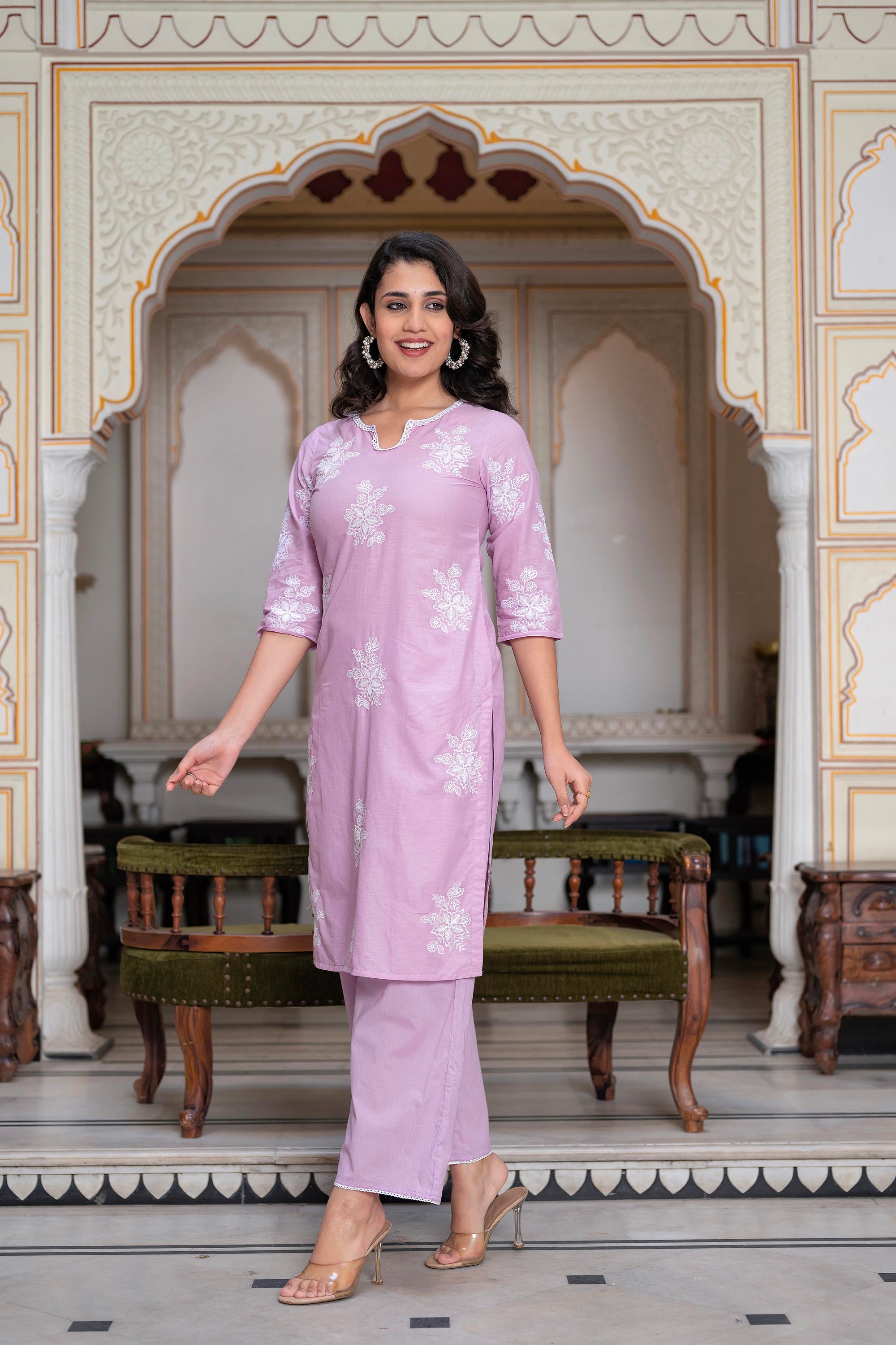 Lavender Floral Embroidered Cotton Slub Kurta with Palazzo & Hook Closure