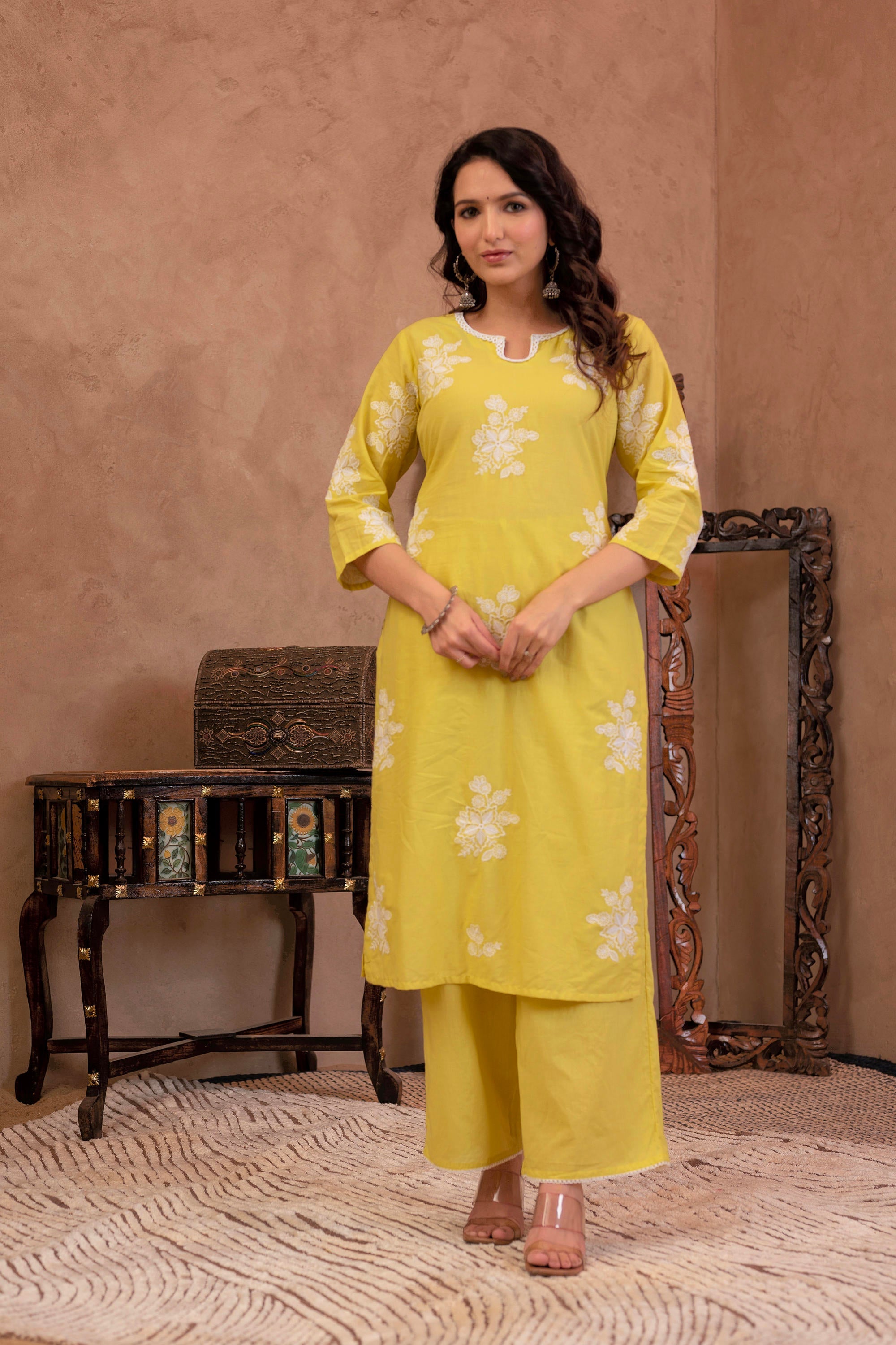 Lime Yellow Embroidered Cotton Slub Kurta with Palazzo & Thread Work