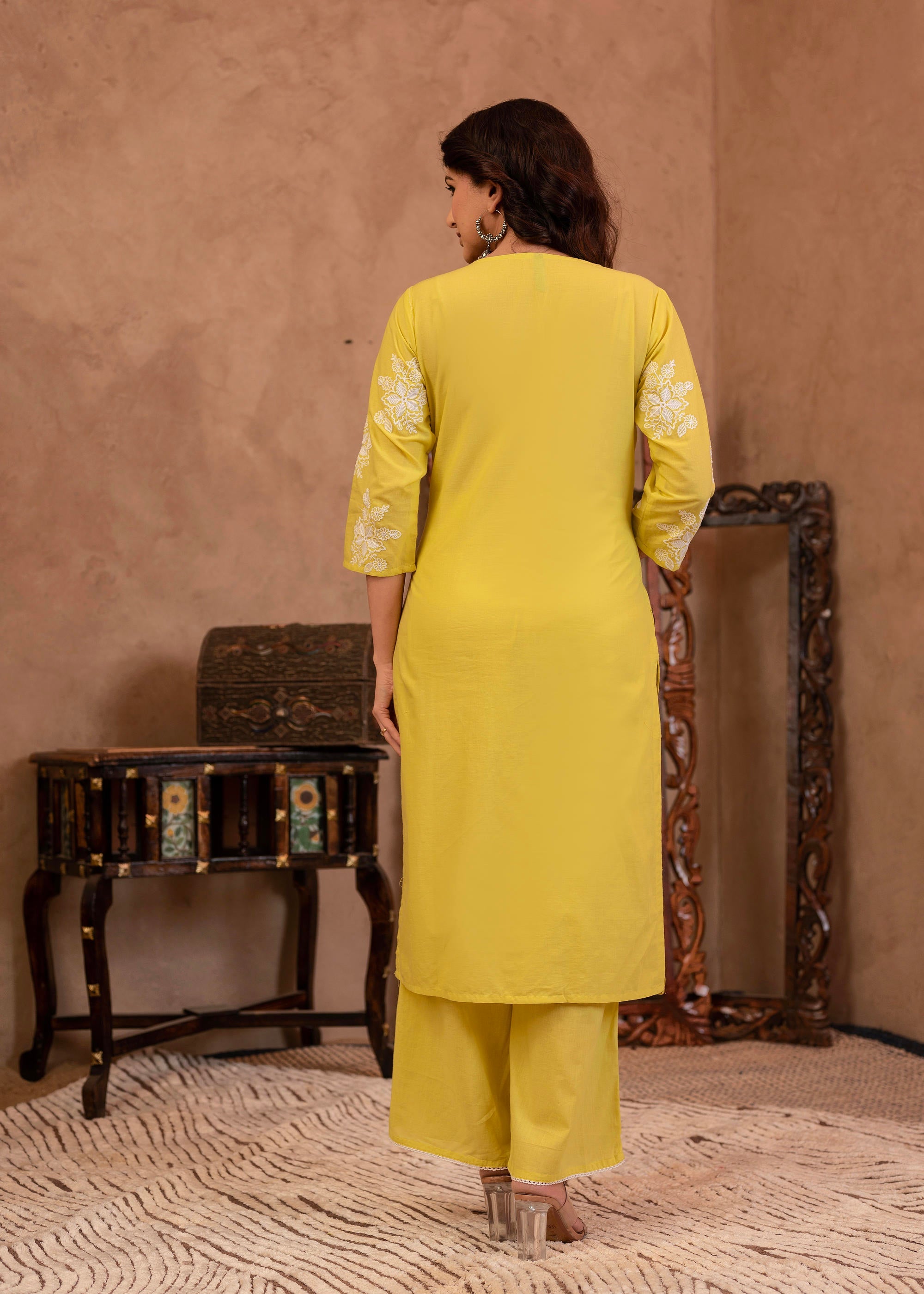 Lime Yellow Embroidered Cotton Slub Kurta with Palazzo & Thread Work