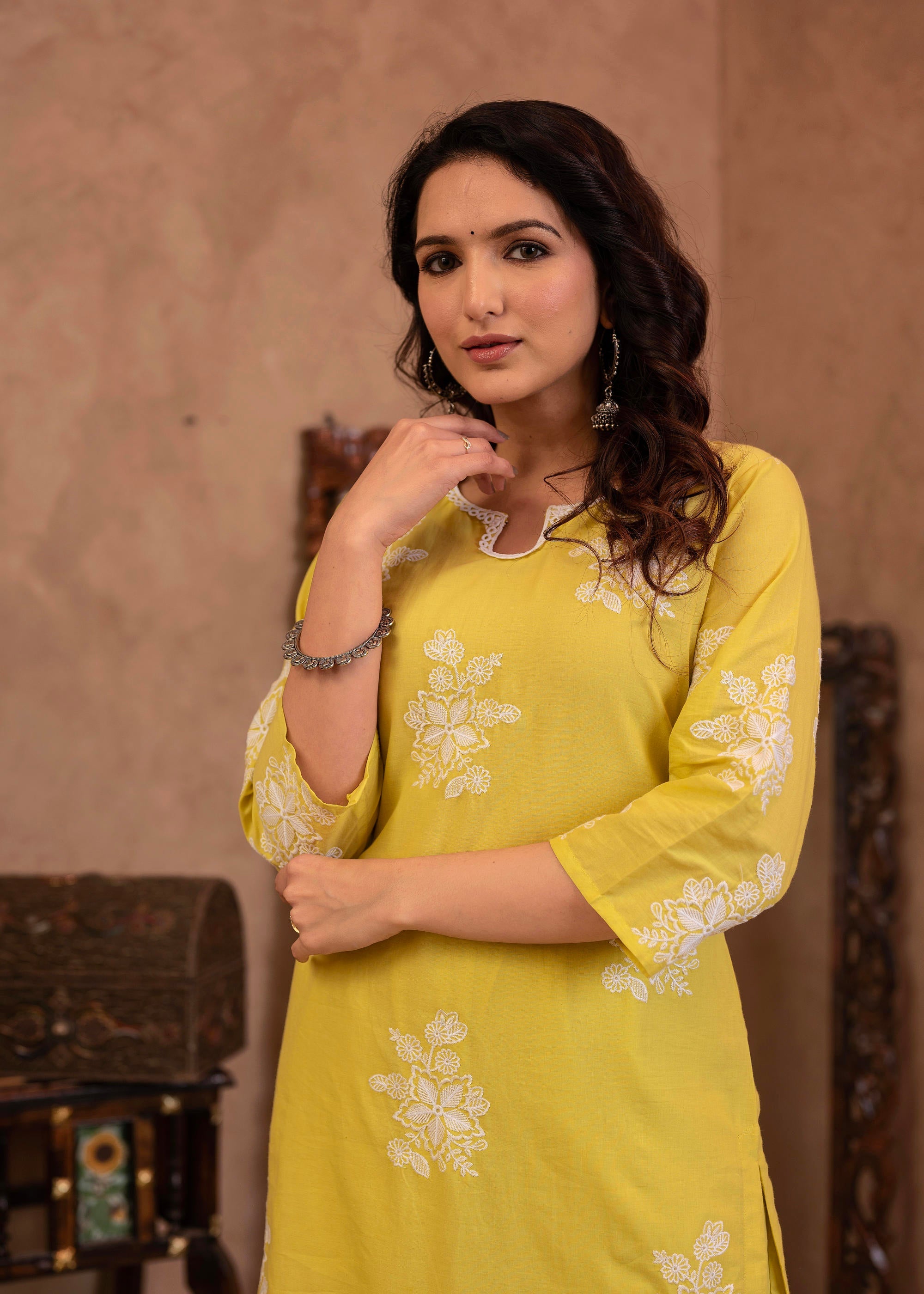 Lime Yellow Embroidered Cotton Slub Kurta with Palazzo & Thread Work