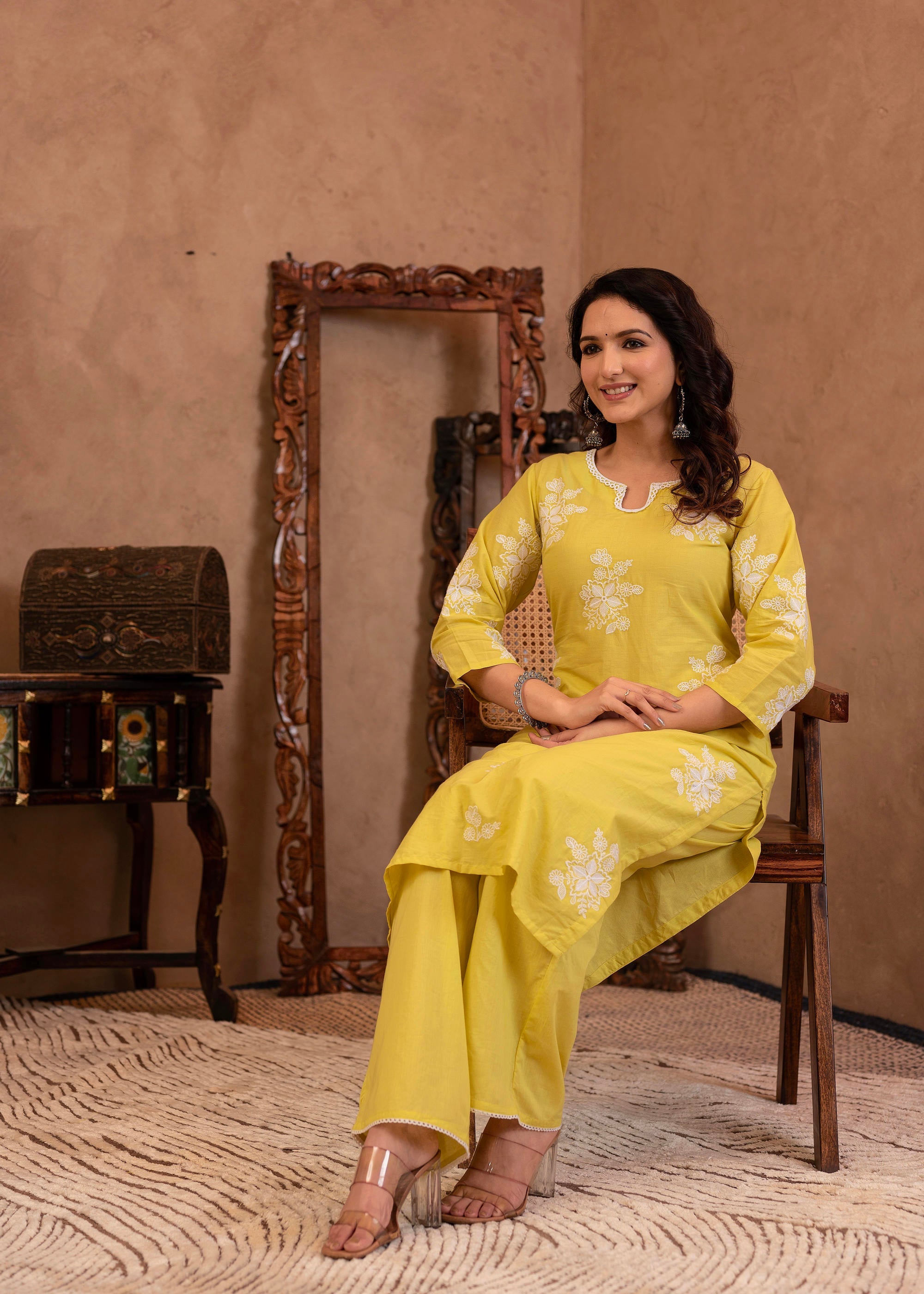 Lime Yellow Embroidered Cotton Slub Kurta with Palazzo & Thread Work