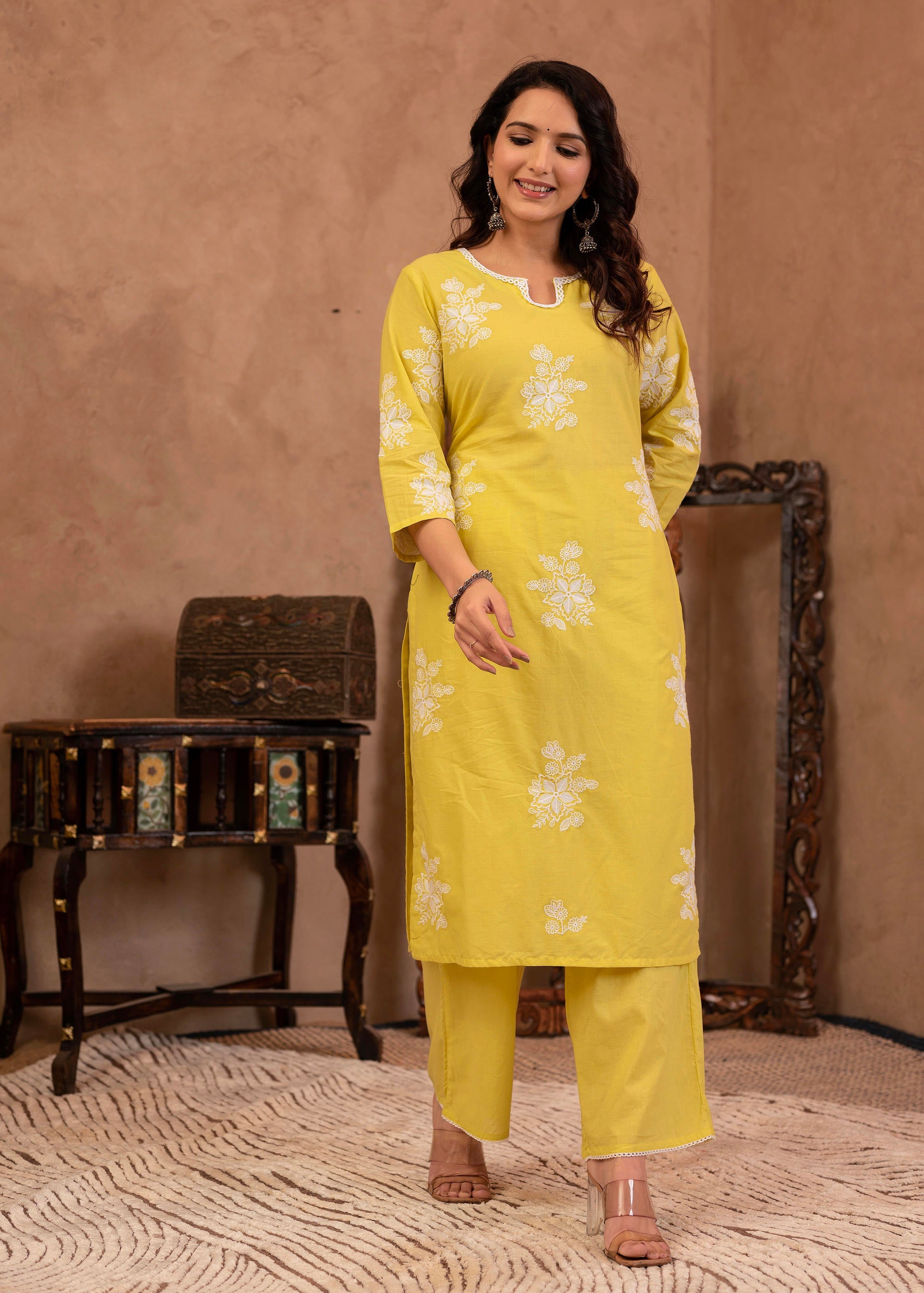 Lime Yellow Embroidered Cotton Slub Kurta with Palazzo & Thread Work