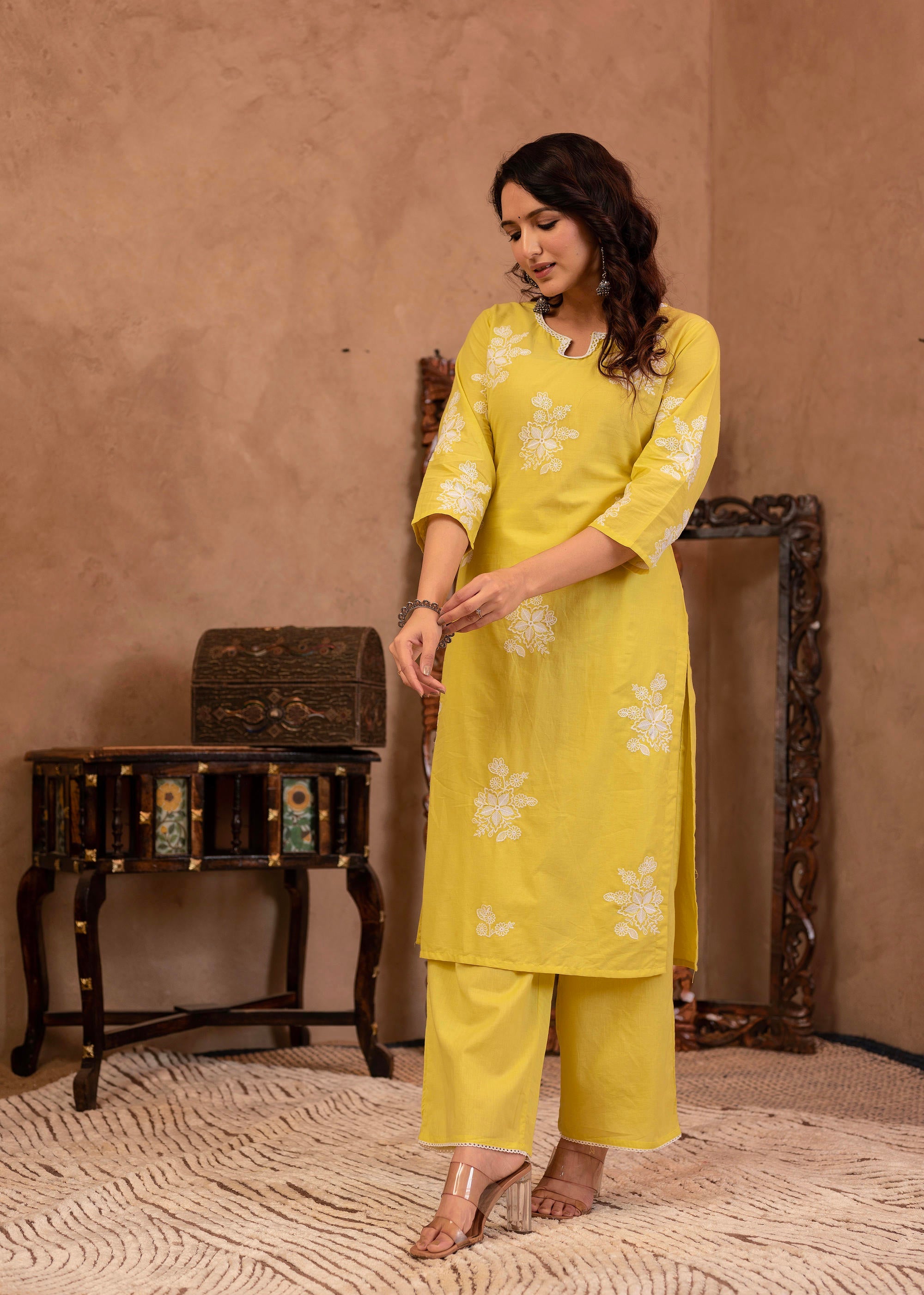 Lime Yellow Embroidered Cotton Slub Kurta with Palazzo & Thread Work