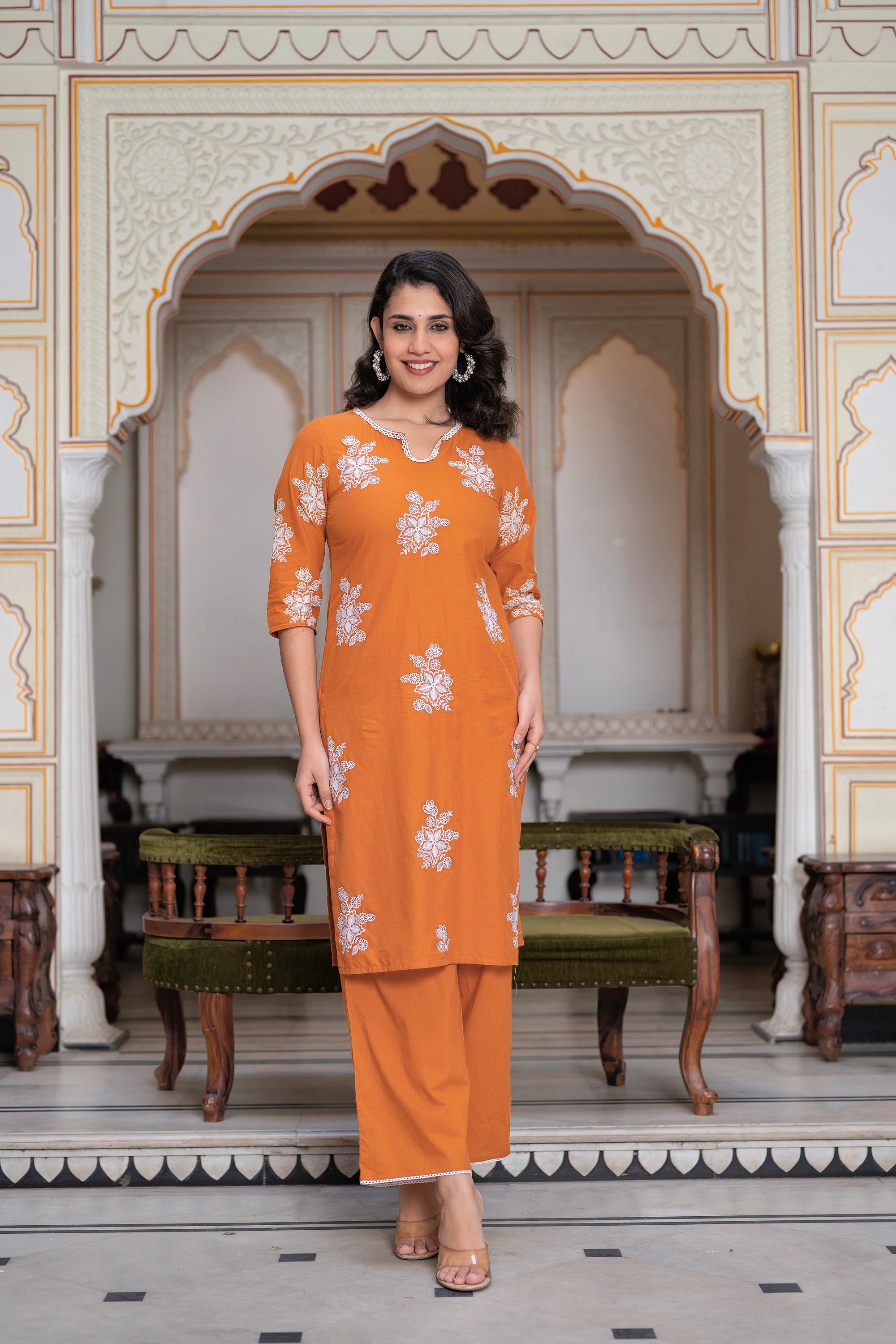 Rust Embroidered Cotton Slub Kurta-Palazzo Set with Thread Work & Cotton Lace