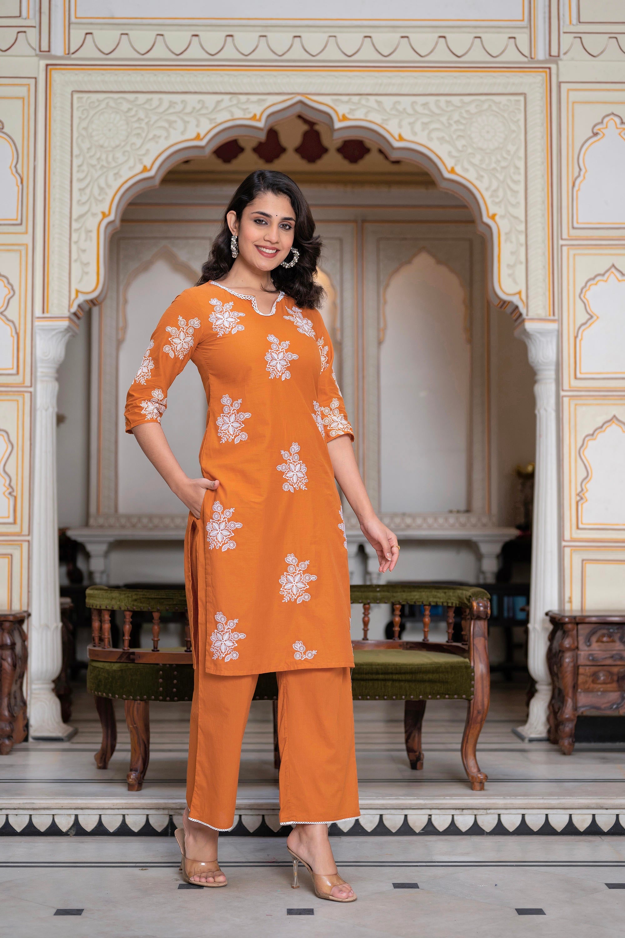 Rust Embroidered Cotton Slub Kurta-Palazzo Set with Thread Work & Cotton Lace