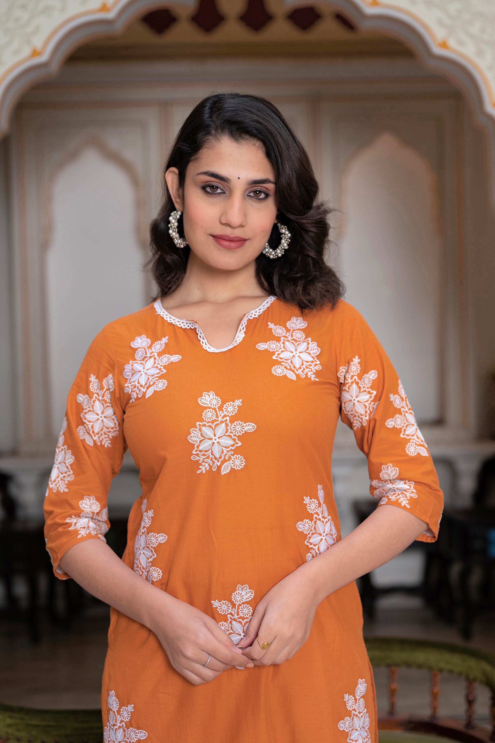 Rust Embroidered Cotton Slub Kurta-Palazzo Set with Thread Work & Cotton Lace
