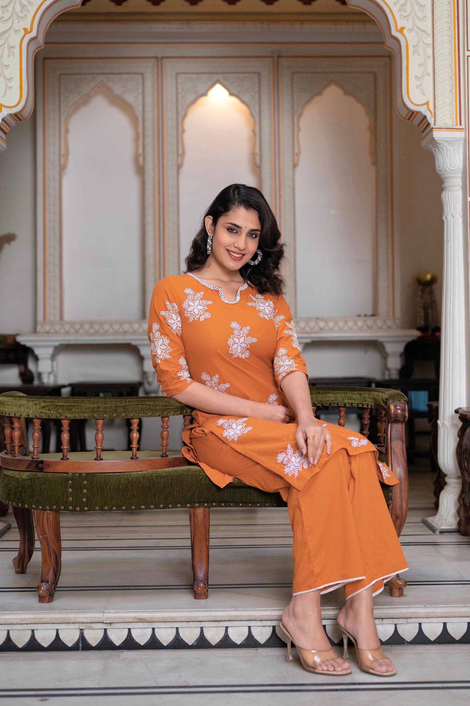 Rust Embroidered Cotton Slub Kurta-Palazzo Set with Thread Work & Cotton Lace