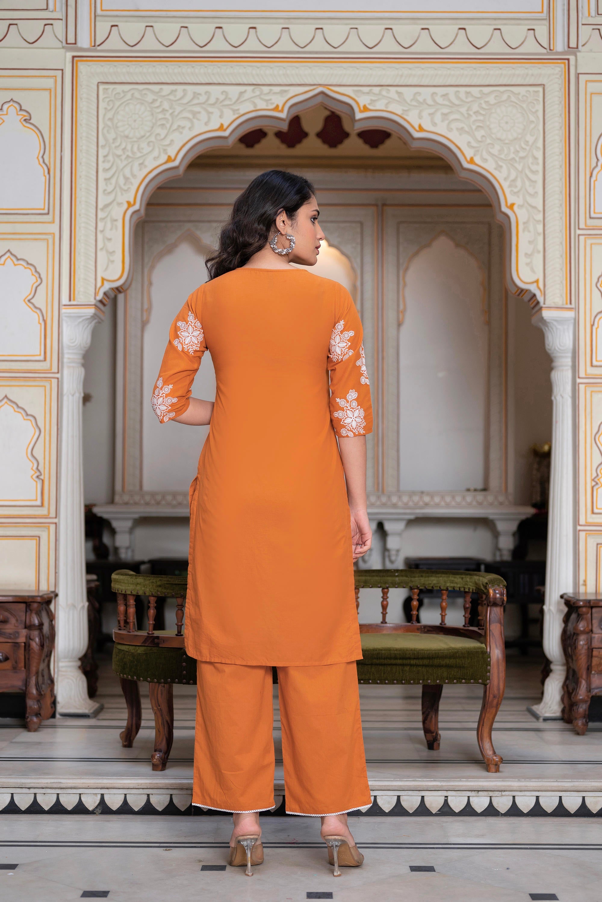 Rust Embroidered Cotton Slub Kurta-Palazzo Set with Thread Work & Cotton Lace