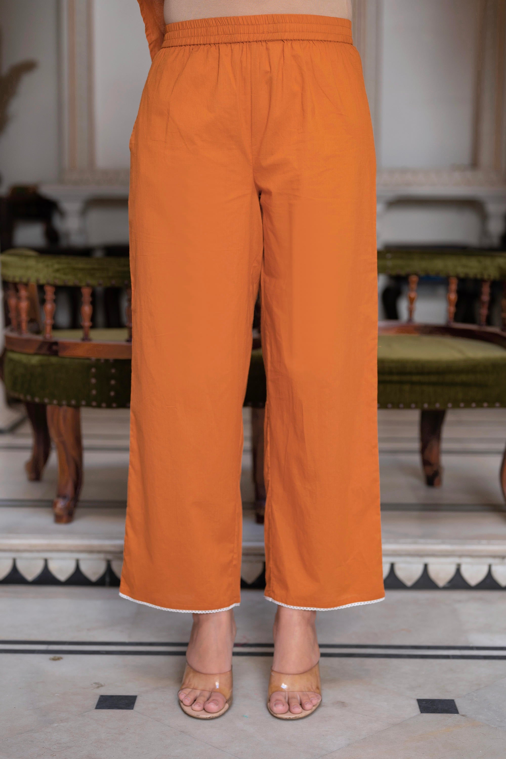 Rust Embroidered Cotton Slub Kurta-Palazzo Set with Thread Work & Cotton Lace